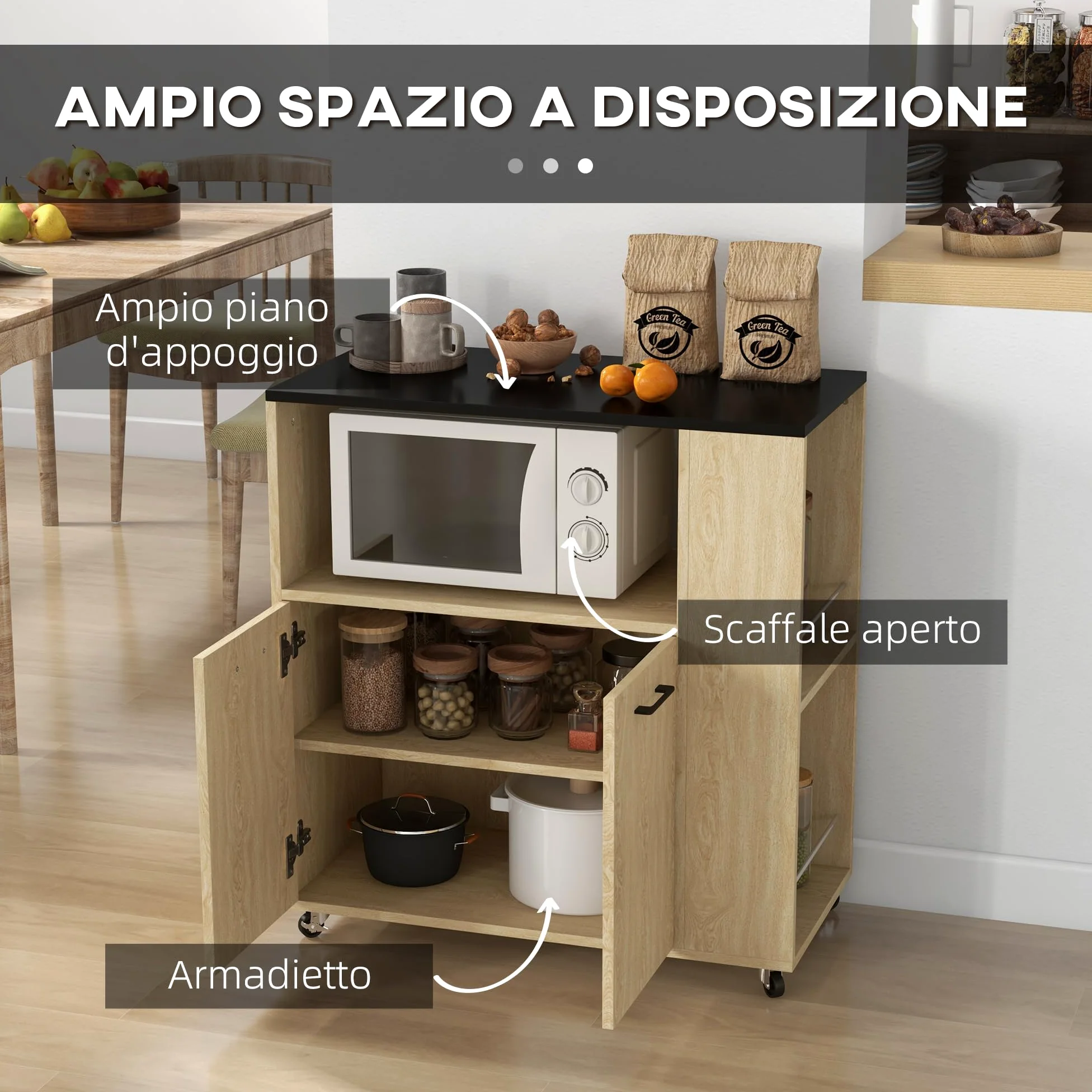 HOMCOM Carrello Cucina con Ripiano Aperto, Armadietto a 2 Ante e Scaffale Laterale a 2 Livelli, Carrello Multiuso con Ripiano Regolabile in Legno, 75x40x80.5 cm, Color Rovere e Nero