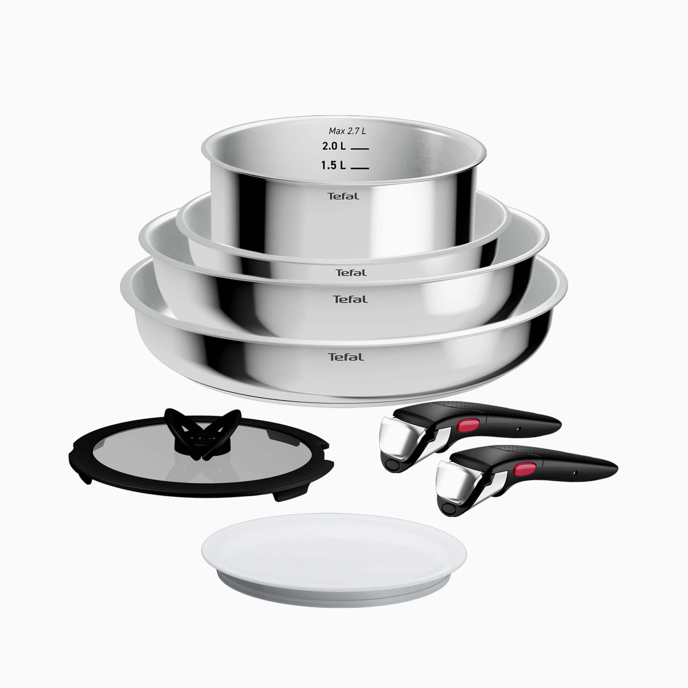 Tefal Ingenio Comfort Max L968S834 - Set di 8 pentole con fondo extra resistente, non sigillato, salvaspazio, segnale termico, per tutti i piani cottura, impugnatura sicura, facile da pulire, in