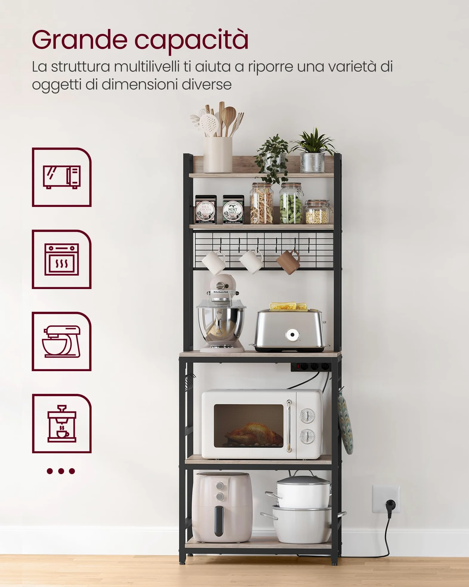 VASAGLE Scaffale Cucina con Multipresa, Scaffale per Microonde, Mobile Cucina, con Pannello a Rete Metallica, 14 Ganci, 40 x 60 x 170 cm, Greige e Nero KKS037B02EU
