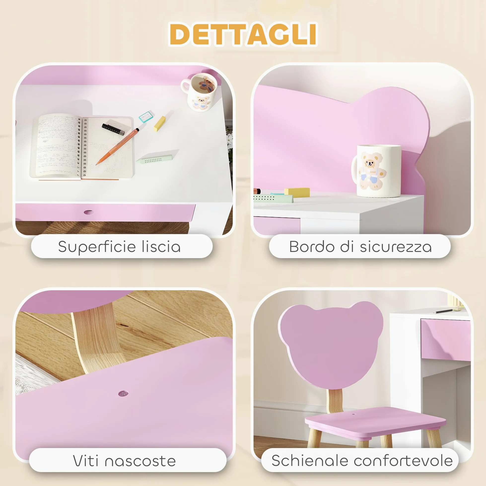 AIYAPLAY Set Scrivania per Bambini con Sedia, Tavolo da Studio con Cassetto, Schienale a Forma di Orsetto, Età 3-8 Anni, Rosa