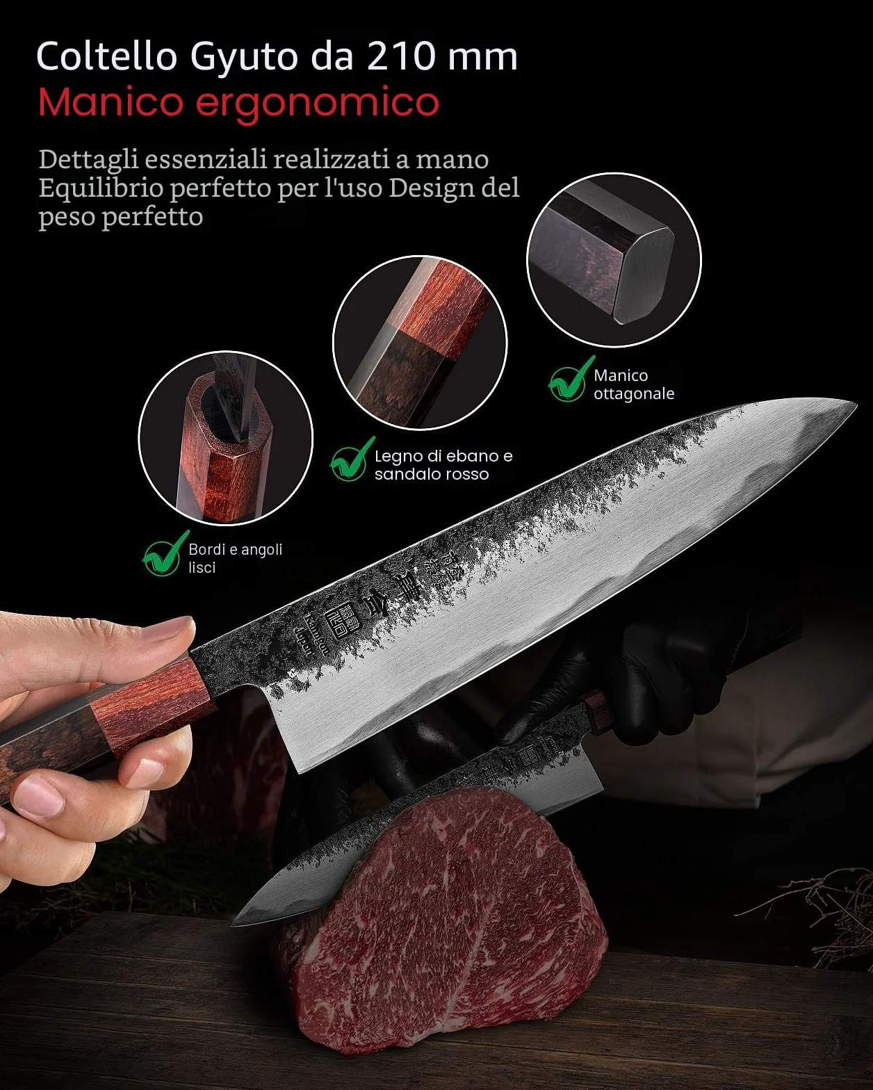 Kanngou Coltello Giapponese Professionale 21cm, Coltello da Cucina Forgiato a Mano in Acciaio AUS-8, Manico Ebony