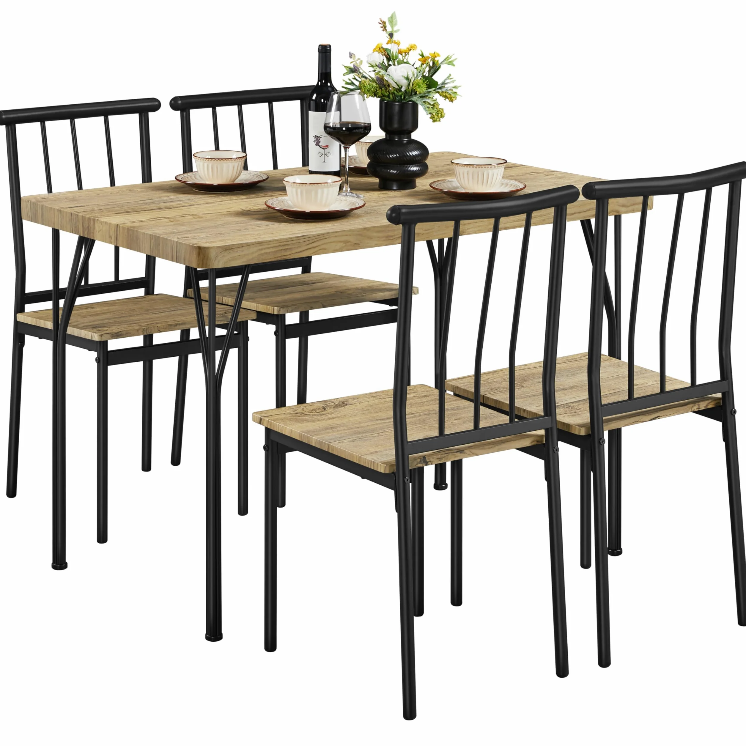 Yaheetech Tavolo da Pranzo con 4 Sedie Industriale Set 5 Pezzi Mobili da Bar Cucina Soggiorno Retro Salvaspazio in Legno e Metallo Marrone Tavolo 110x70x76.5cm Piano Spesso 4cm