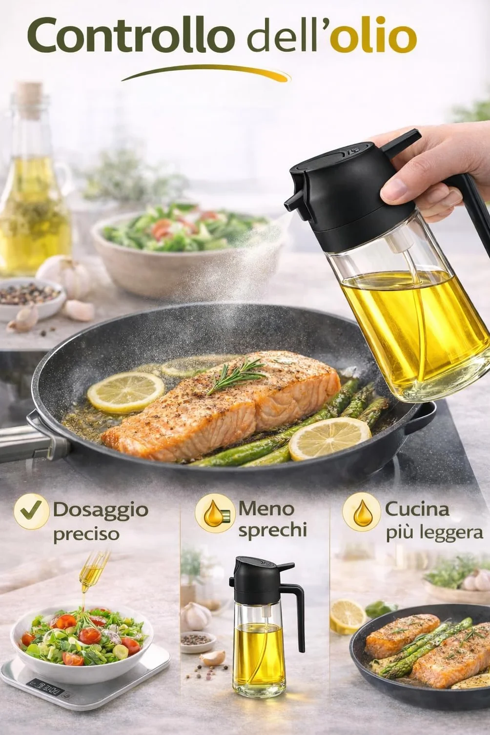 Spruzzino Olio Vetro 470 ml Cucina – Spray Dosatore Olio e Aceto Nebulizzazione Fine Antispreco