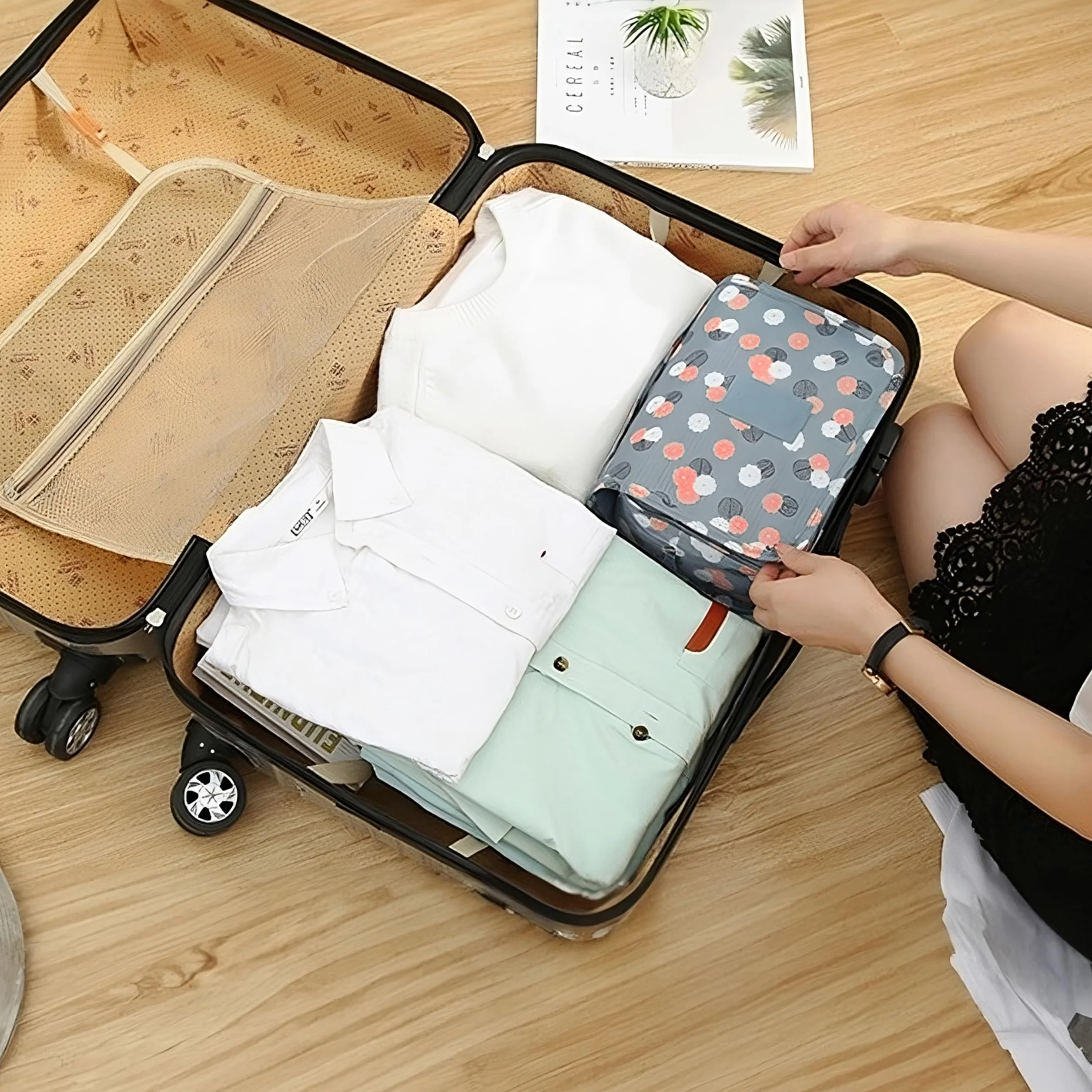 Retoo Beauty Case Donna Viaggio Impermeabile 24 x 9,5 x 19 cm Organizer Cosmetici Borsa con 6 Tasche Gancio Maniglia Tessuto Oxford Elegante Compatta Pieghevole Idea Regalo