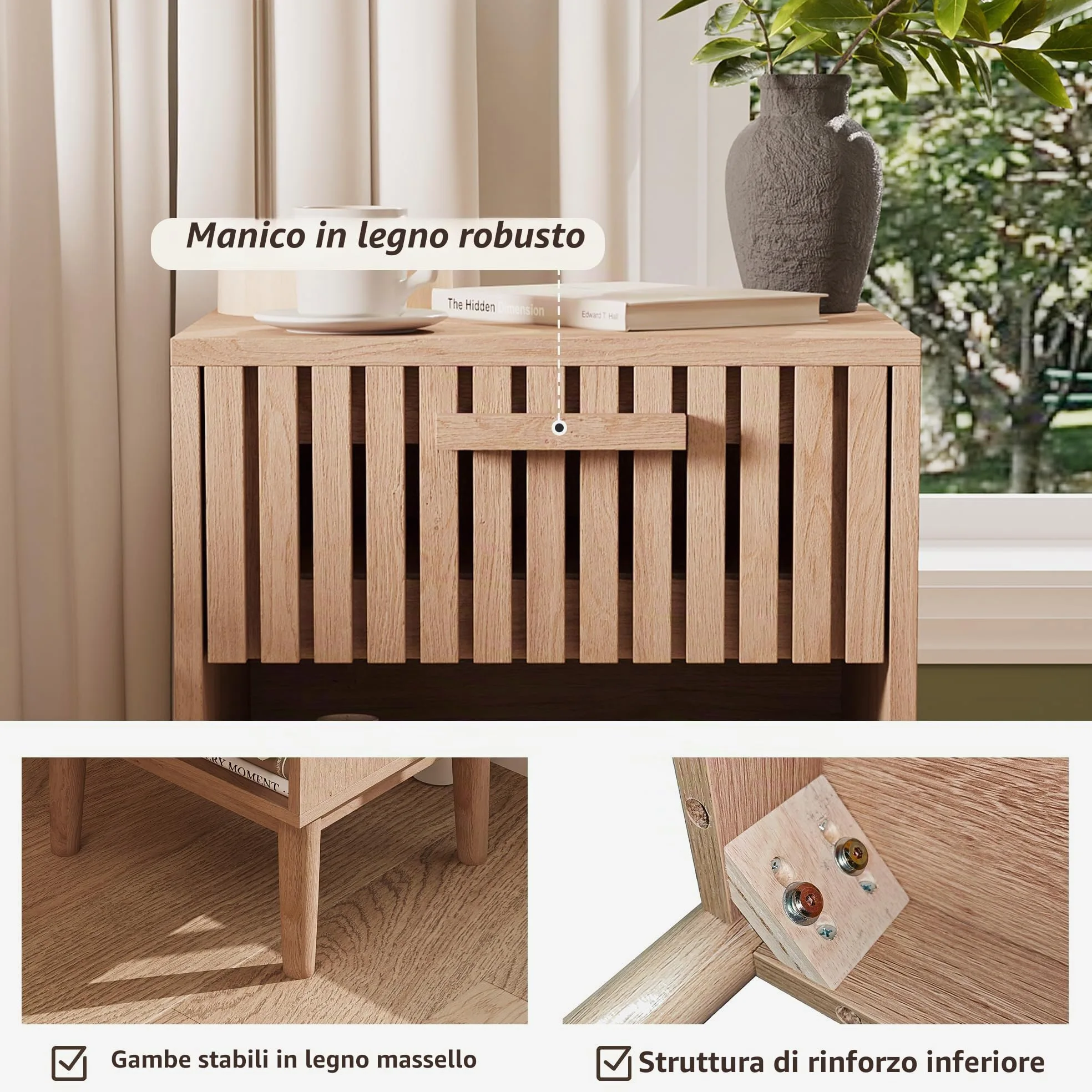 Set di 2 comodini da notte con cassetti e ripiano aperto, tavolino in legno con spazio di archiviazione, comodini moderni in stile boho per camera da letto, soggiorno, 40x35x55cm, colore