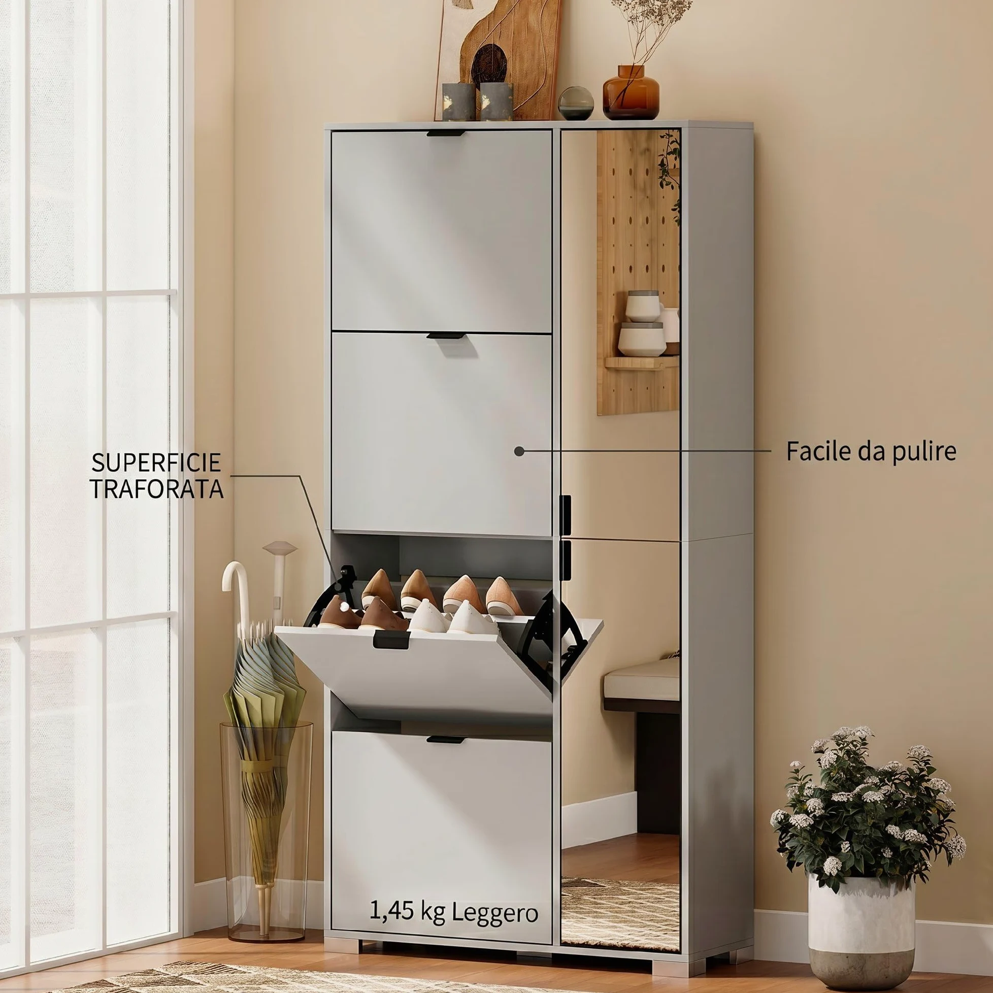 HOMCOM Scarpiera Salvaspazio Slim Alta con 2 Ante a Specchio e 4 Ante a Ribalta, Scarpiera Ingresso con Ripiani Regolabili, 2 Armadietti, 5 Gambe, Porta Scarpe per 16 Paia, 82x30x168 cm, Grigio