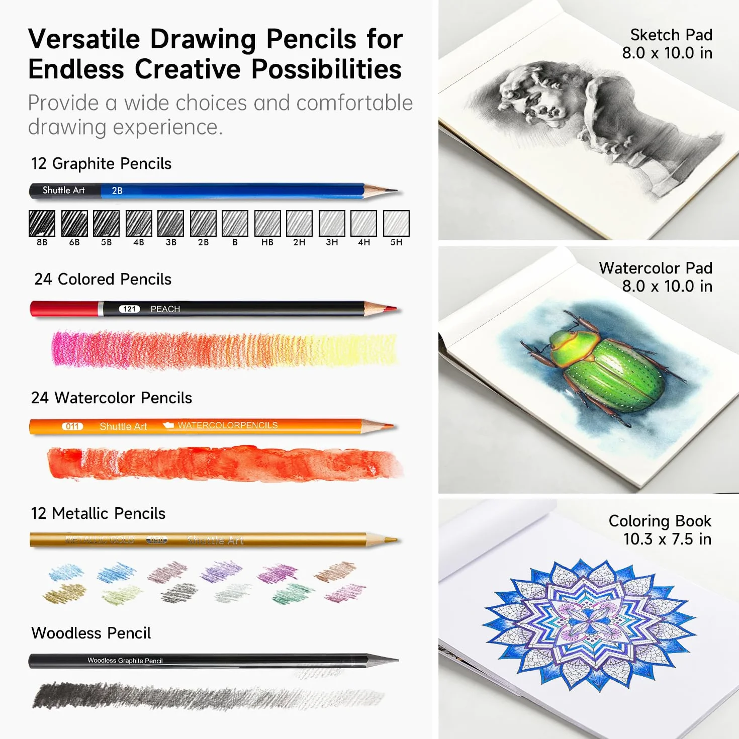 Shuttle Art Kit Matite da Disegno Professionale,Pacchetto 103 Set Matite da disegno Set Disegno Schizzo con Matite Colorate e da Schizzo Grafite in Astuccio Portatile, Bambini, Adulti Artisti