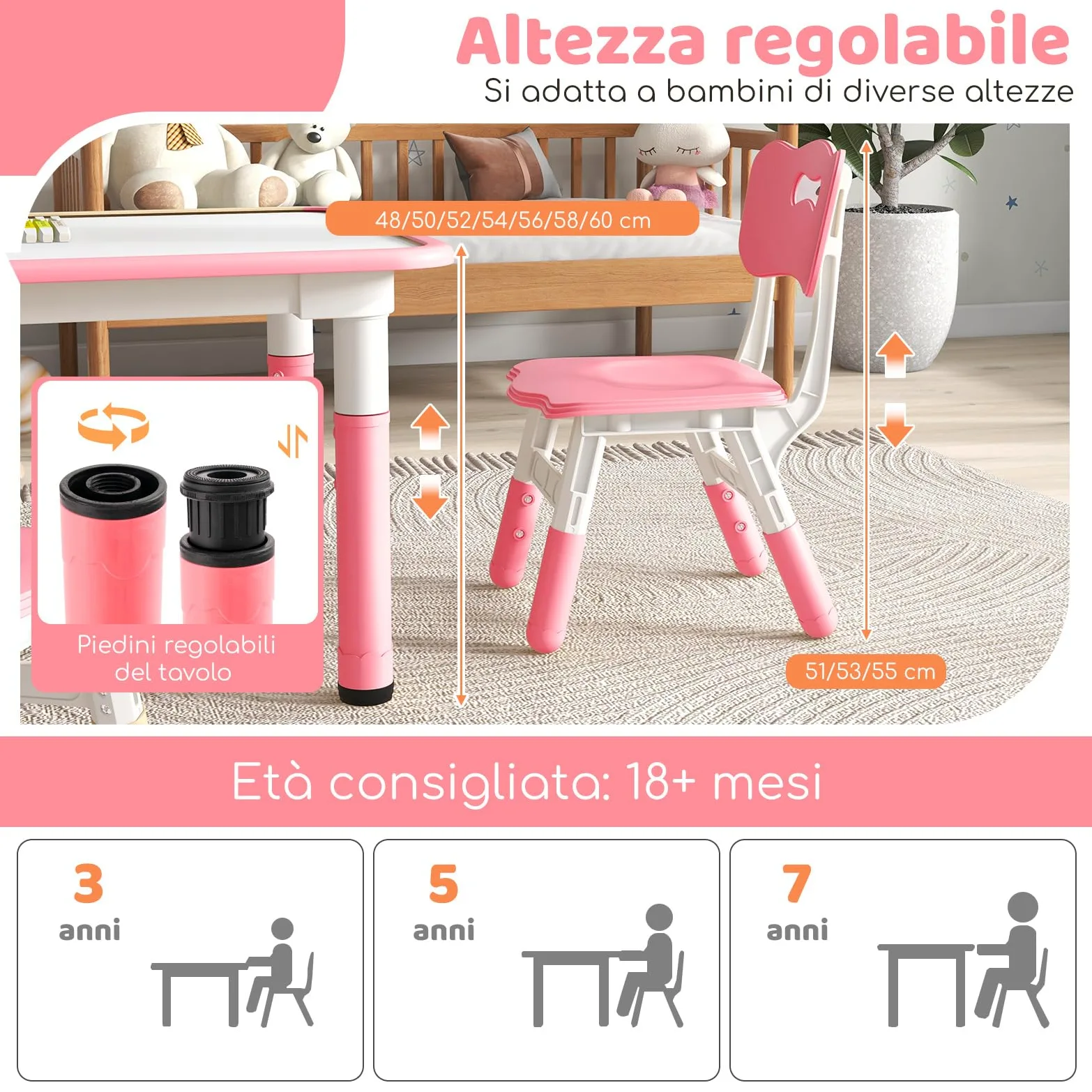 COSTWAY Set Tavolo e 4 Seide per Bambini, Scrivania Regolabile in Altezza con Piano Graffiti, Gambe Antiscivolo, Mobile Multifuzione con 4 Posti per Cameretta, Asilo e Scuola (Rosa)