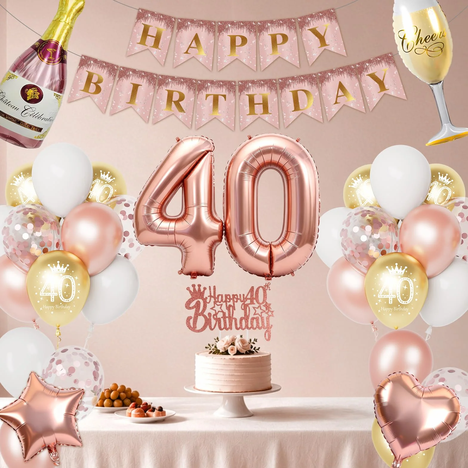 Palloncini 40 Anni Compleanno Donna Rose Gold, Decorazioni 40 Anni, Palloncino Numero 40, Bottiglia Champagne, Calice, Cuore e Stella Foil, Banner Happy Birthday, Cake Topper, Accessori Festa
