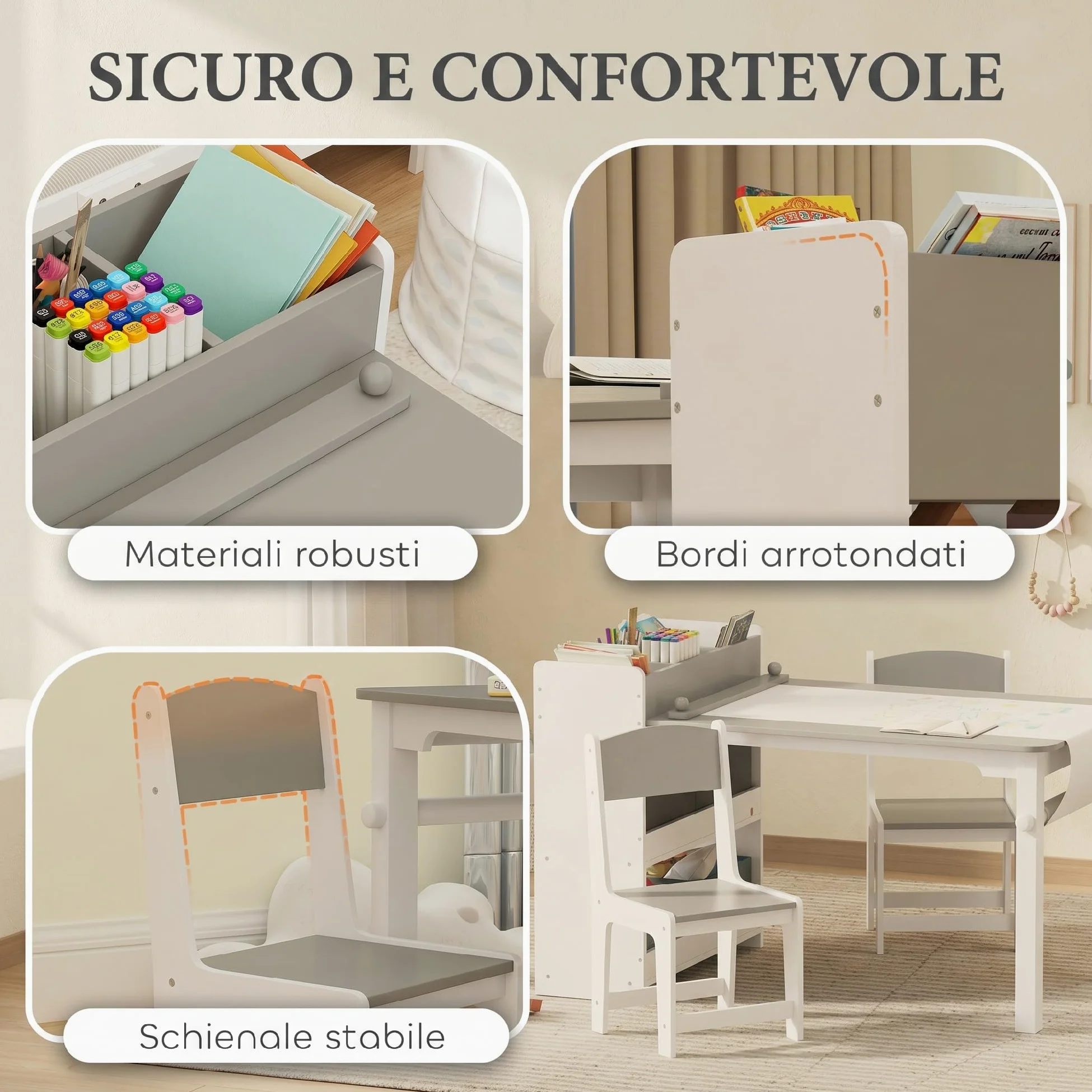 AIYAPLAY Set Tavolo e Sedie per Bambini 3-8 Anni con 2 Sedie e Tavolino con Spazio Contenitore, Mobili per Bambini in Legno di Pino e Tessuto non Tessuto, Bianco e Grigio