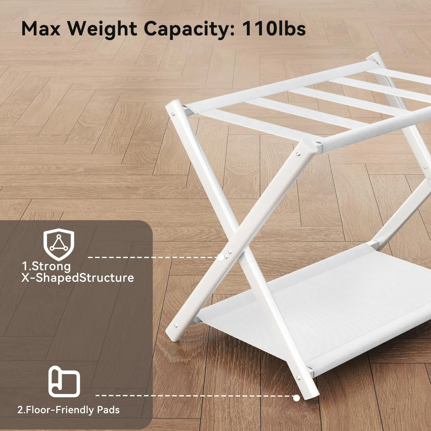 IBUYKE Luggage Rack Foldable Suitcase Stand with Storage Shelf White