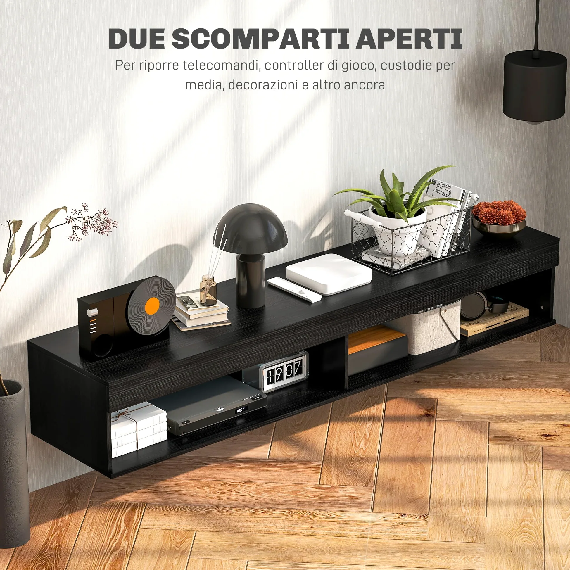 HOMCOM Mobile Porta TV fino 75" Sospeso con Luci LED 16 Colori e Modalità Regolabile con Telecomando, Mobile TV Sospeso in Legno, 180x40x30 cm, Nero
