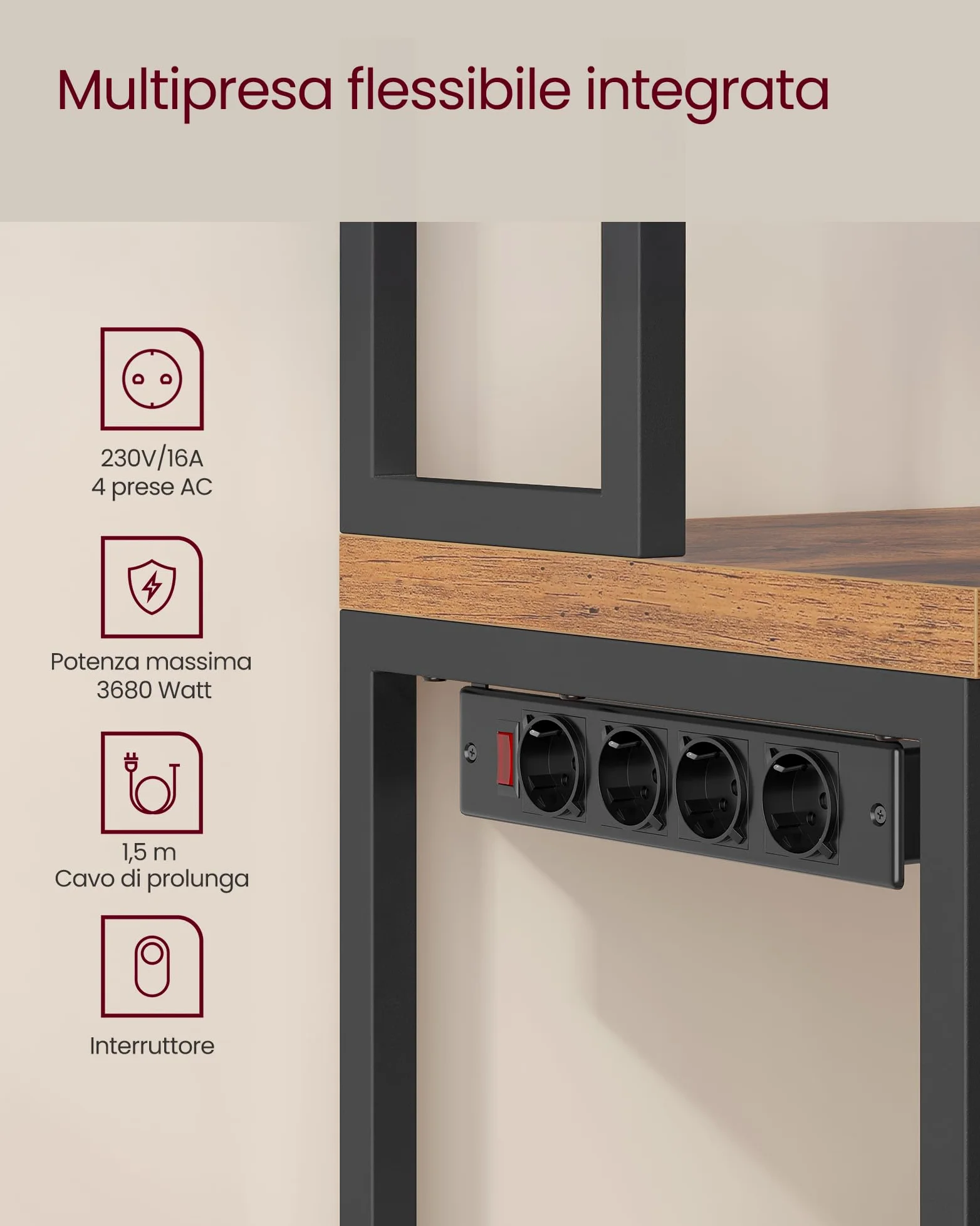 VASAGLE Scaffale Cucina con Prese, con Piano Alto 90 cm, Scaffale per Microonde con 8 Ganci, 40 x 60 x 170 cm, Marrone Vintage e Nero Inchiostro KKS058K02