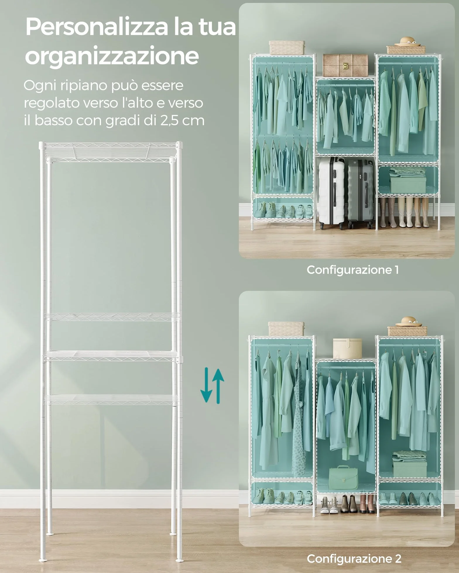SONGMICS Armadio Guardaroba in Metallo con Ripiani Regolabili e Barre Appendiabiti Bianco Nuvola LGR431W01