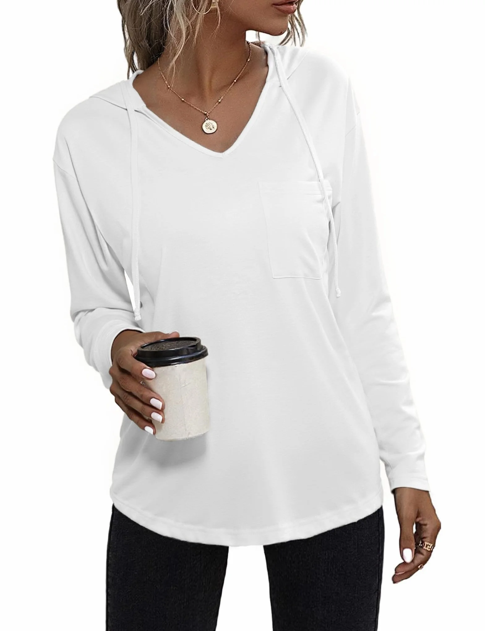 Aottori Felpa Donna con Cappuccio Maniche Lunghe Maglia Scollo a V Elegante Leggera Maglietta Larga Tshirt Basic Sciolto Pullover Tinta Unita Casual Top