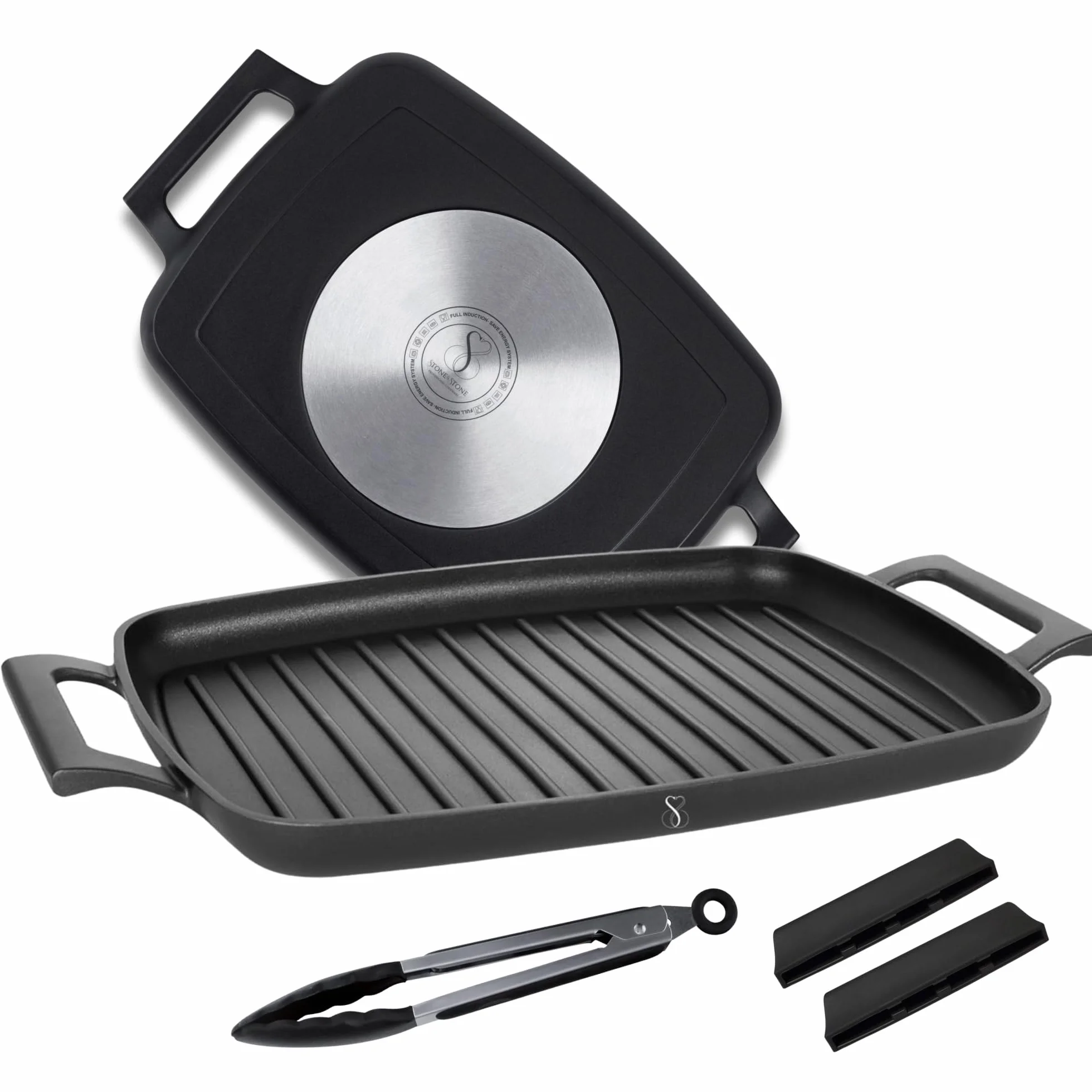 Stone&Stone Bistecchiera Induzione 47 cm Rettangolare, Piastra Grill Antiaderente Ceramico Tedesco, Fondo Acciaio Pieno, Senza PFAS PFOA PTFE
