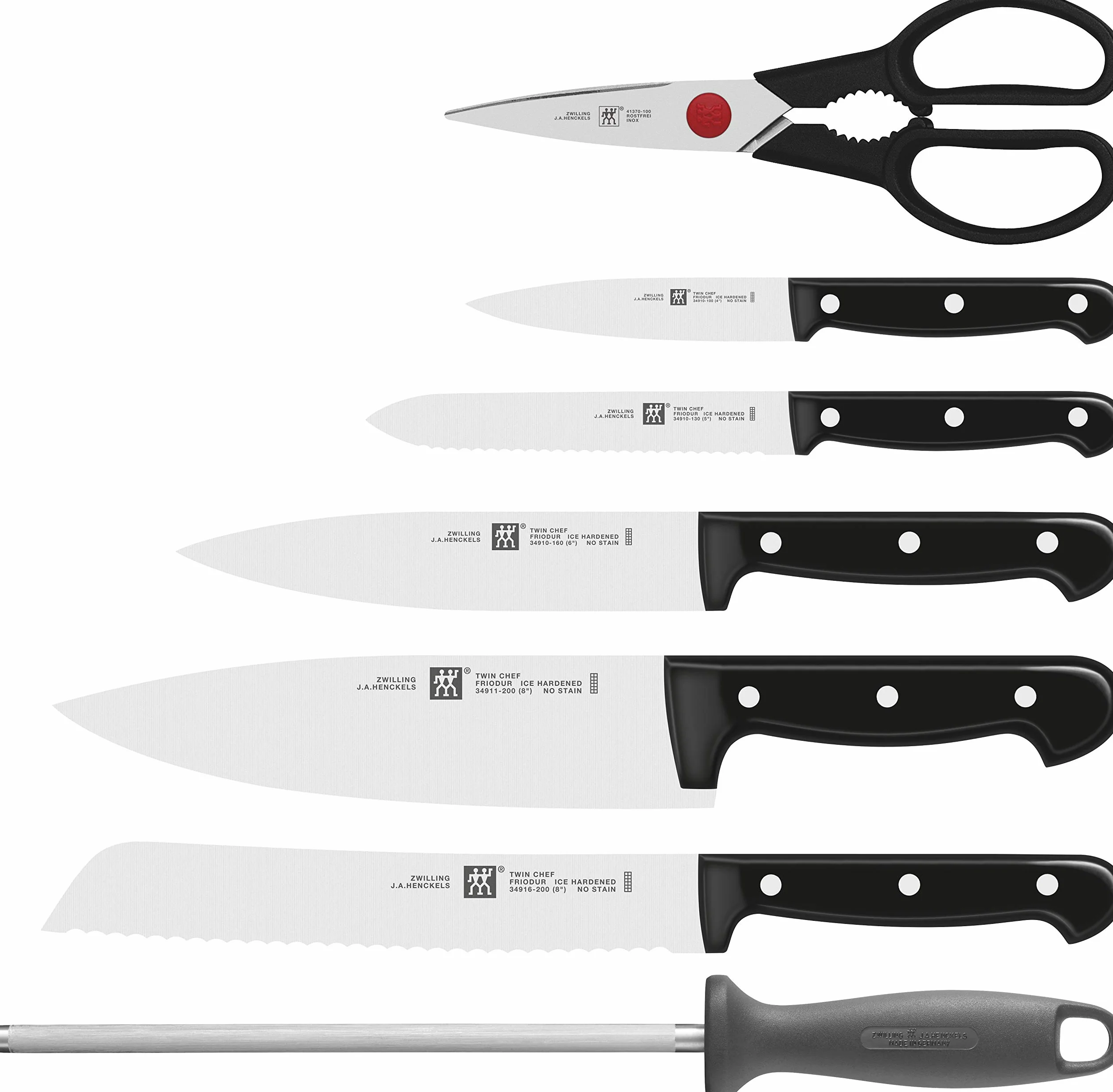 ZWILLING Ceppo di coltelli, 8 Pezzi, Ceppo in bambù, Coltelli e Forbici in Acciaio Inox/Impugnature in Plastica, Twin Chef
