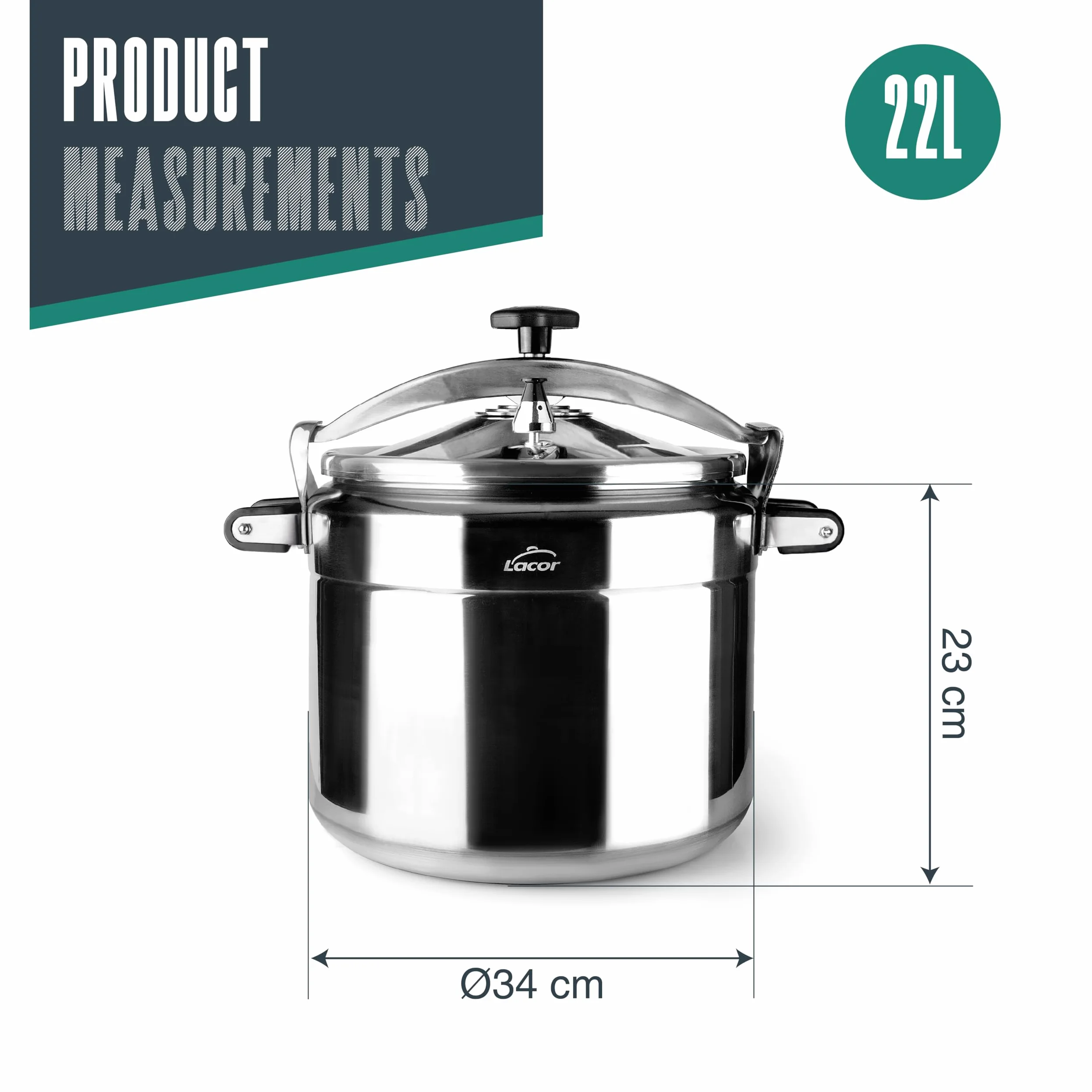 Lacor - 20522 - Pentola a pressione veloce PRO, Classica, Alluminio, Professionale, Massima sicurezza, 22 L, Ø 34 cm