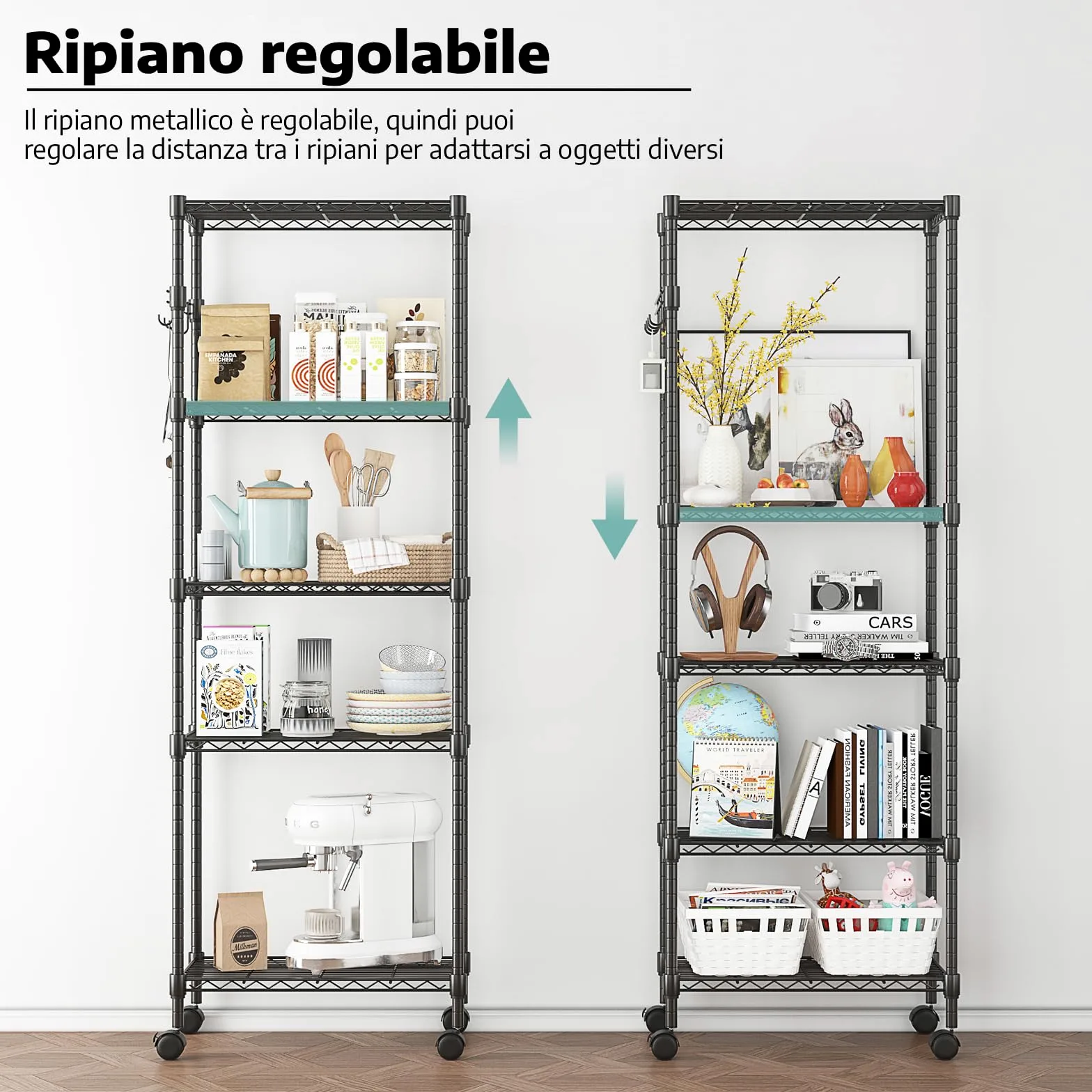 Himimi Scaffali in Metallo a 5 Ripiani con Ruote, Regolabile in Altezza Scaffalatura per Riporre Oggetti Pesanti,Organizzatore per Garage, Cucina, Soggiorno,59cmW * 35cmD* 183cmH Nero.