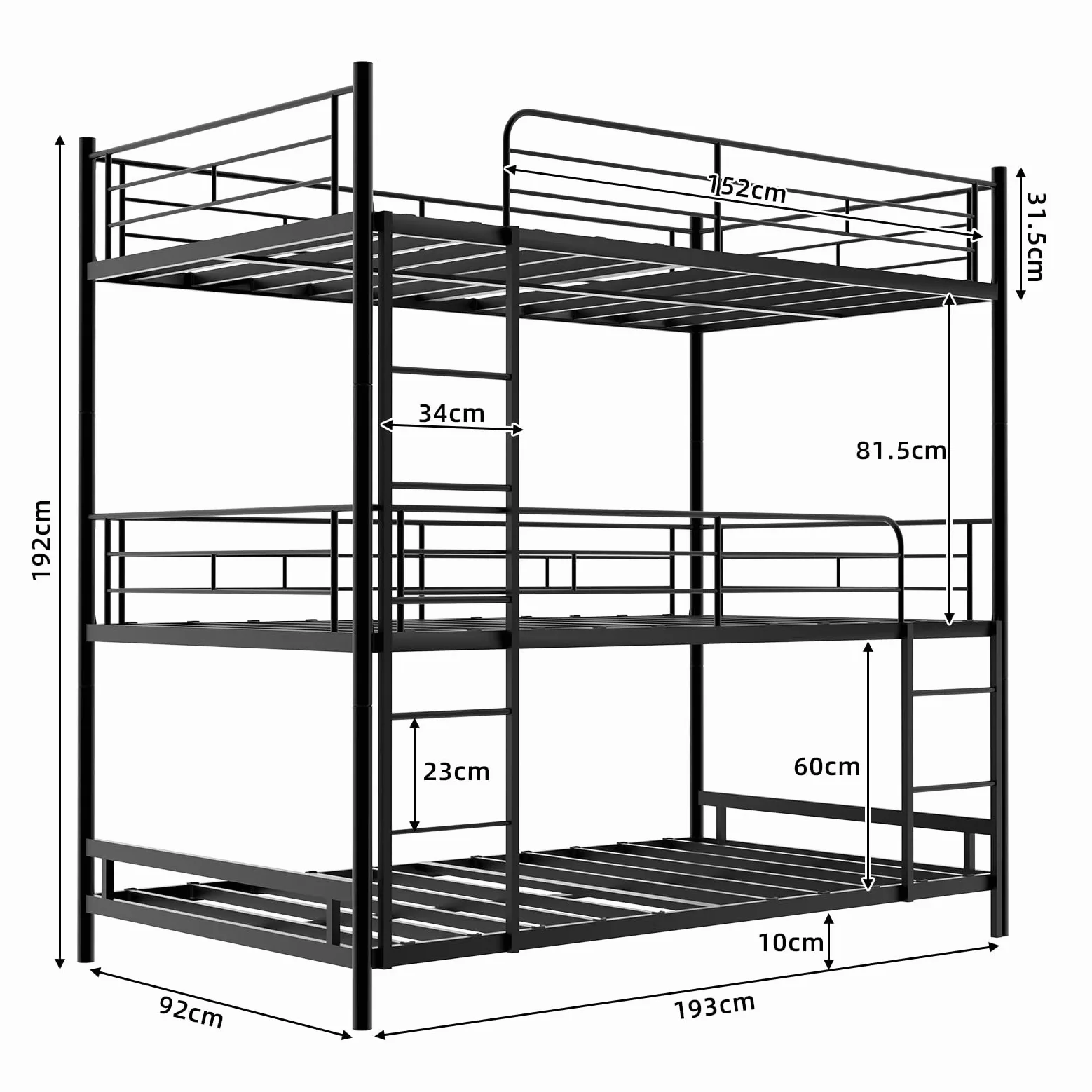 Letto a castello a tre piani, 90 x 190 cm, con scaletta, in metallo nero, per bambini/adolescenti/adulti, camera da letto/dormitorio (senza materasso)