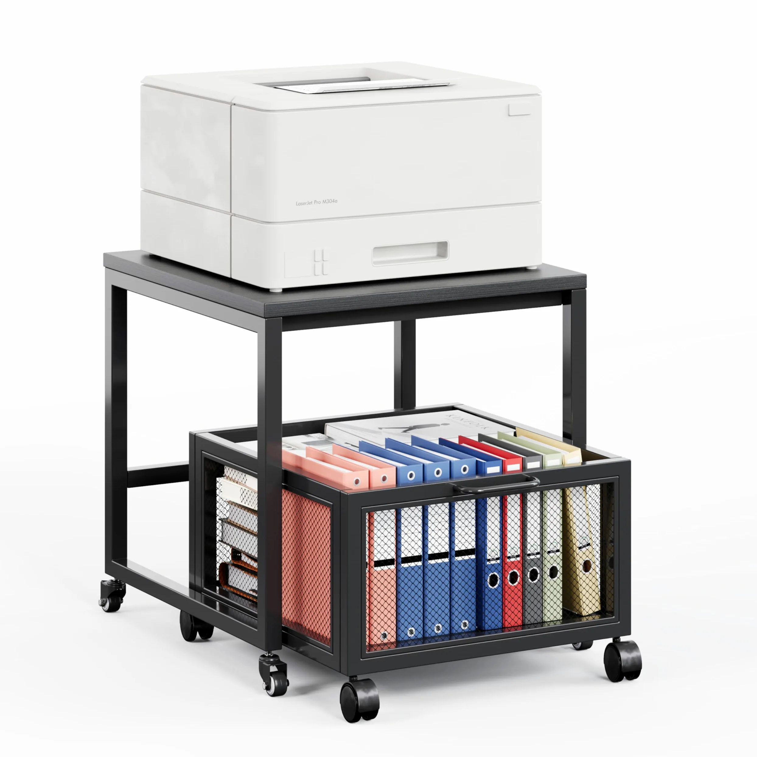 Tavolo per stampante con stoccaggio Drawer, supporto per stampante con ruote universali, supporto per stampante portatile in legno e metallo, 50 x 50 x 43 cm, portata fino a 70 kg, per ufficio, casa