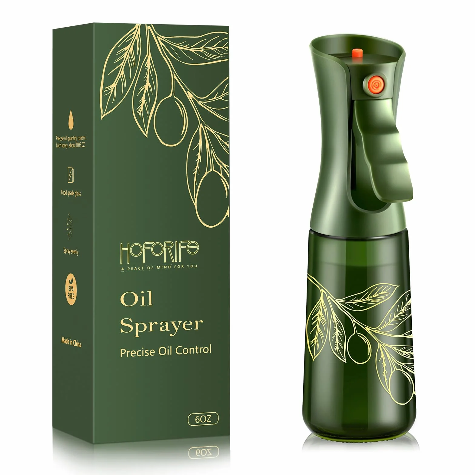 Spruzzatore di olio d'oliva in vetro per cucinare, nebulizzatore di olio spray continuo per cottura con controllo delle porzioni per cucina 200ml/7oz (bottiglia verde, stampa dorata)