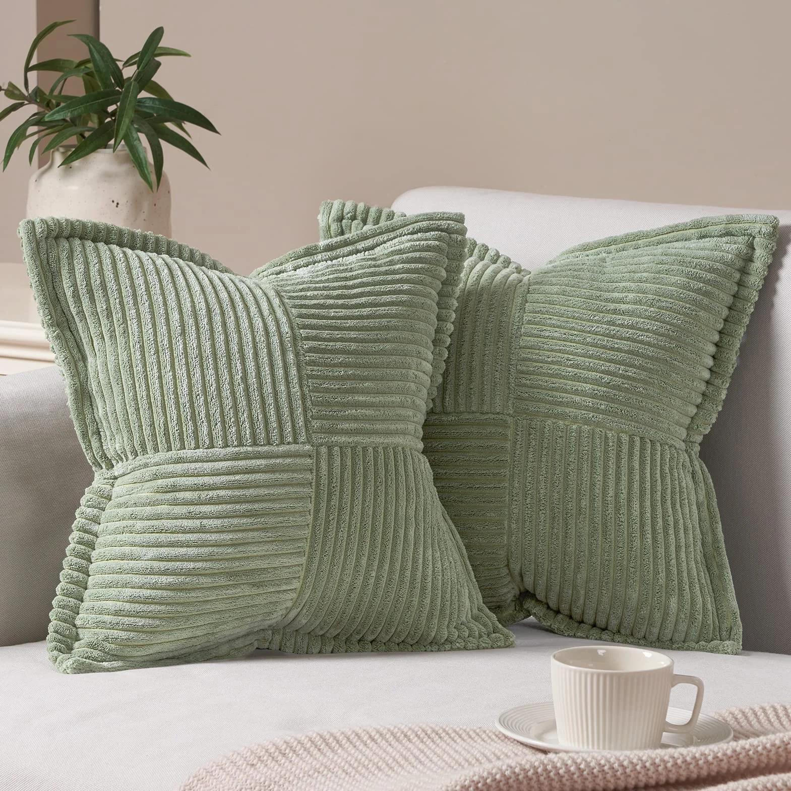 Topfinel Fodere Cuscini 50x50 Verde Salvia in Velluto a Coste, 2 Pezzi con Cerniera Invisibile