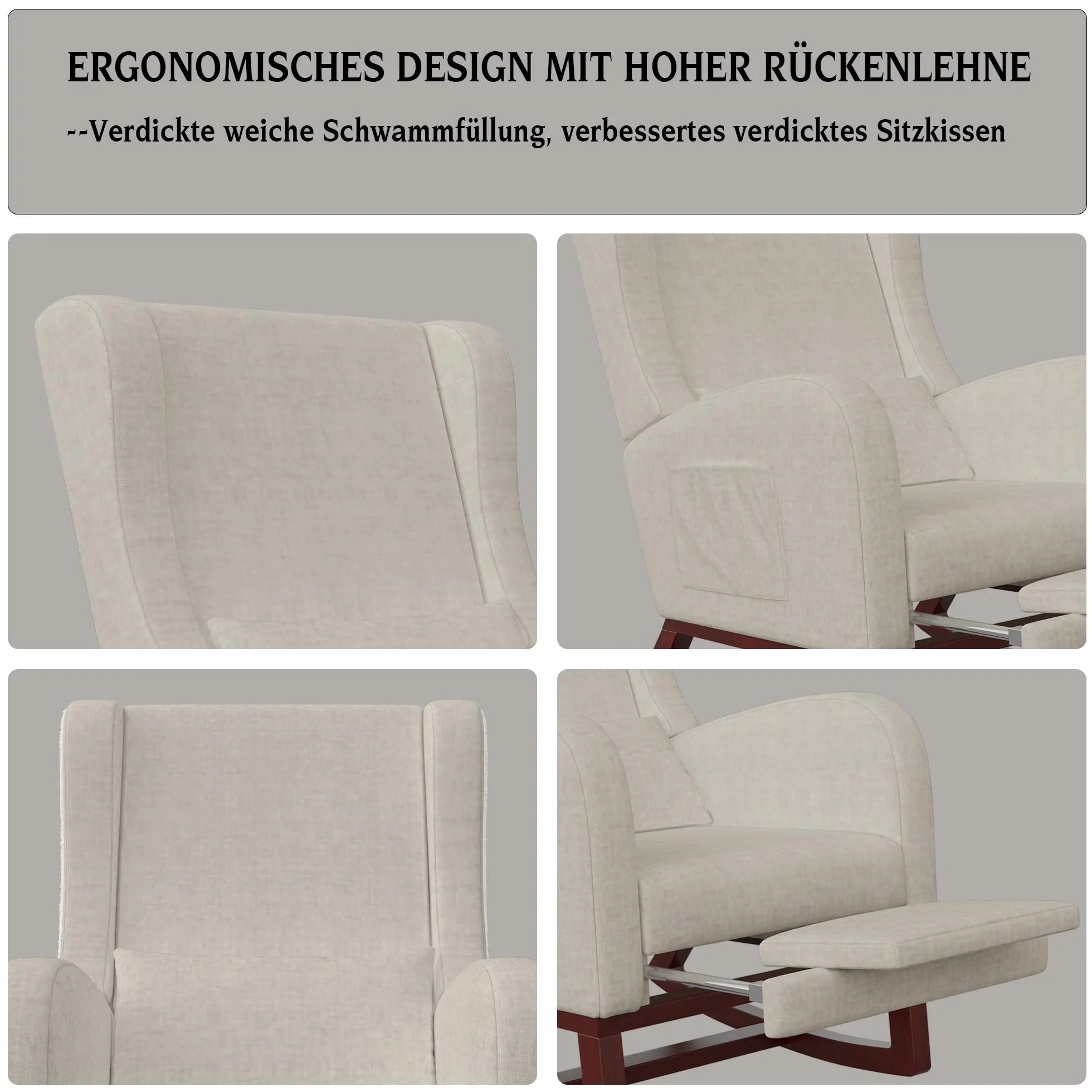 Generisch Sedia a dondolo con poggiapiedi estraibile, poltrona relax con schienale alto e cuscino lombare, poltrona con tasche laterali. Poltrona da lettura per soggiorno/camera da letto (lino, beige)