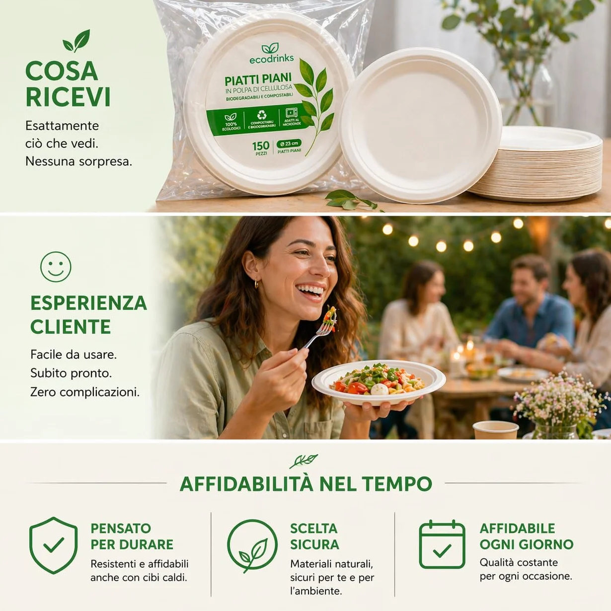 Piatti di Carta Compostabili 23 cm - Cellulosa Naturale Biodegradabile, Usa e Getta