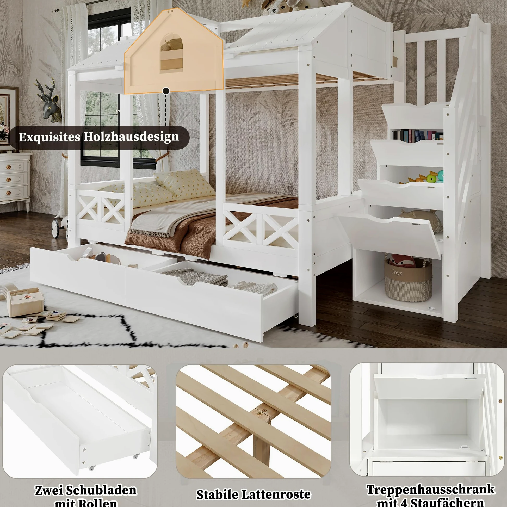 Letto a Castello per Bambini 90x200cm e 140x200cm, Letto Matrimoniale con Scala Contenitore e 2 Cassetti, Belle Finestre e Tetto, Strutture letto in Pino, Bianco(Senza materasso)