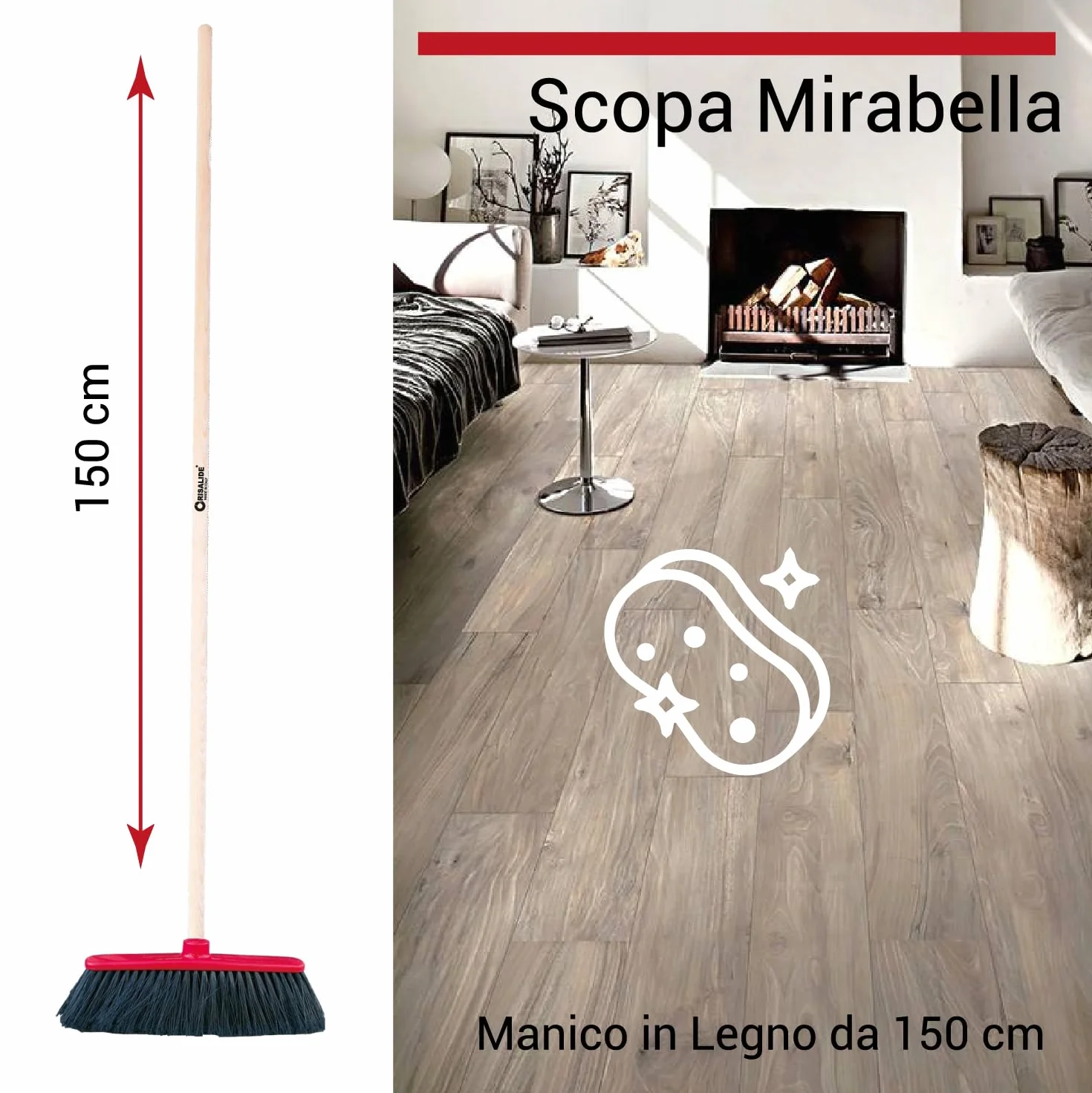 Crisalide SET PULIZIA CASA PIPPO Scopa Classica Setole EXTRA-MORBIDE Manico Legno 130cm Spazzolone Setole RIGIDE