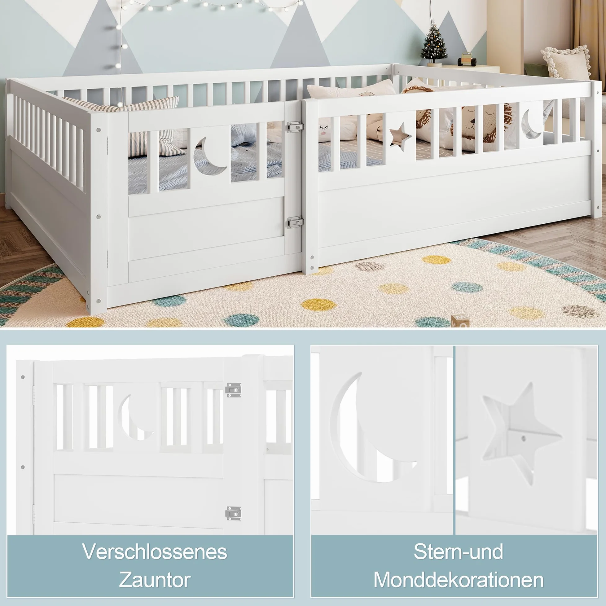 Letto per Bambini 140 x 190 con Ringhiera, Montessori Letto a Terra Bambino con Rete a Doghe, decorazione a Stella e Luna, Struttura letto in Legno di pino(Senza Materasso)