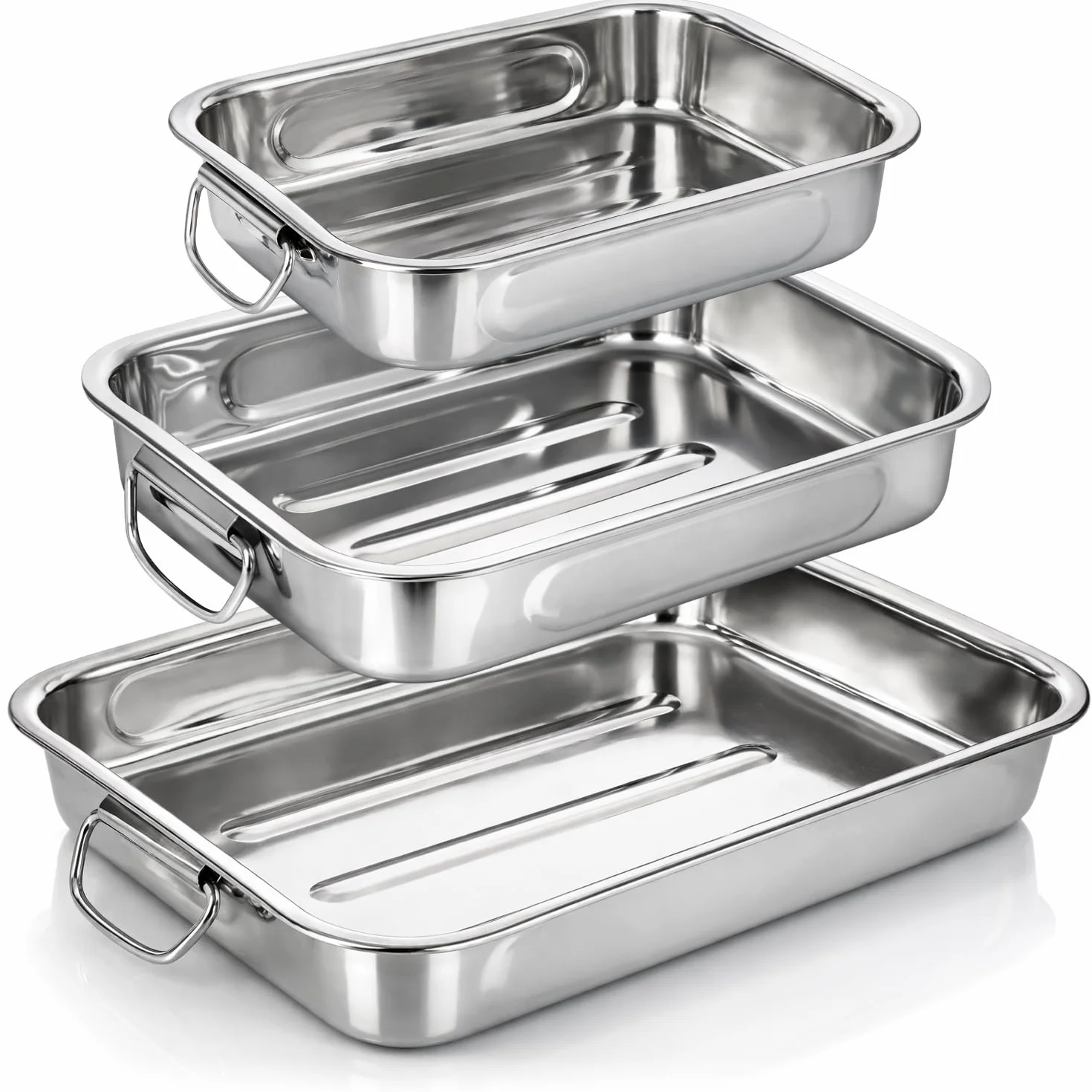 COM-FOUR® set di teglie e teglie da 3 pezzi - teglia in acciaio inossidabile con manici - casseruola in acciaio inossidabile per cucinare e cuocere al forno - pirofila (argento - 3 parti)