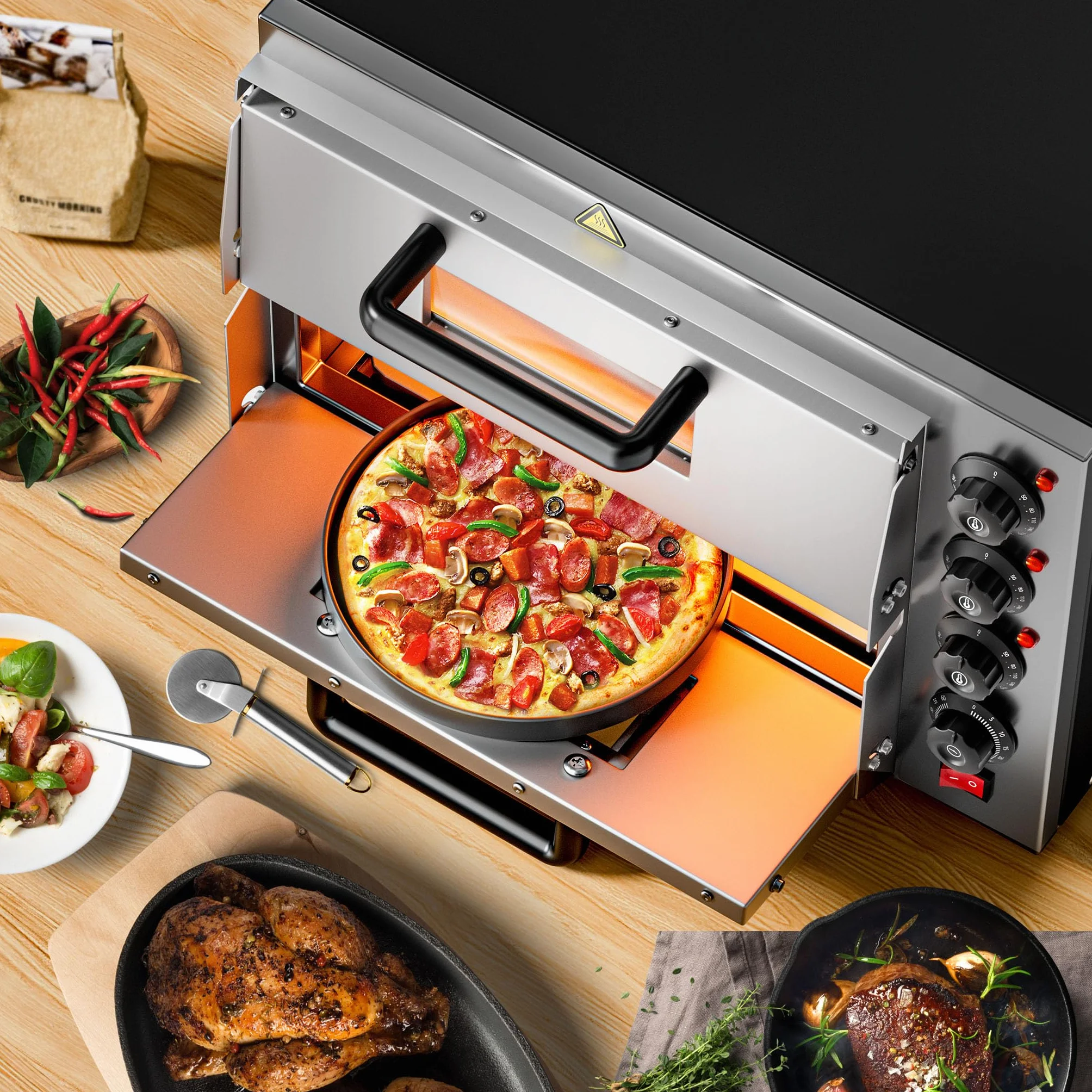 Wiltec Forno pizza elettrico a 2 livelli, con pietra refrattaria in cordierite, 3000W, 350°C Fornetto pizza