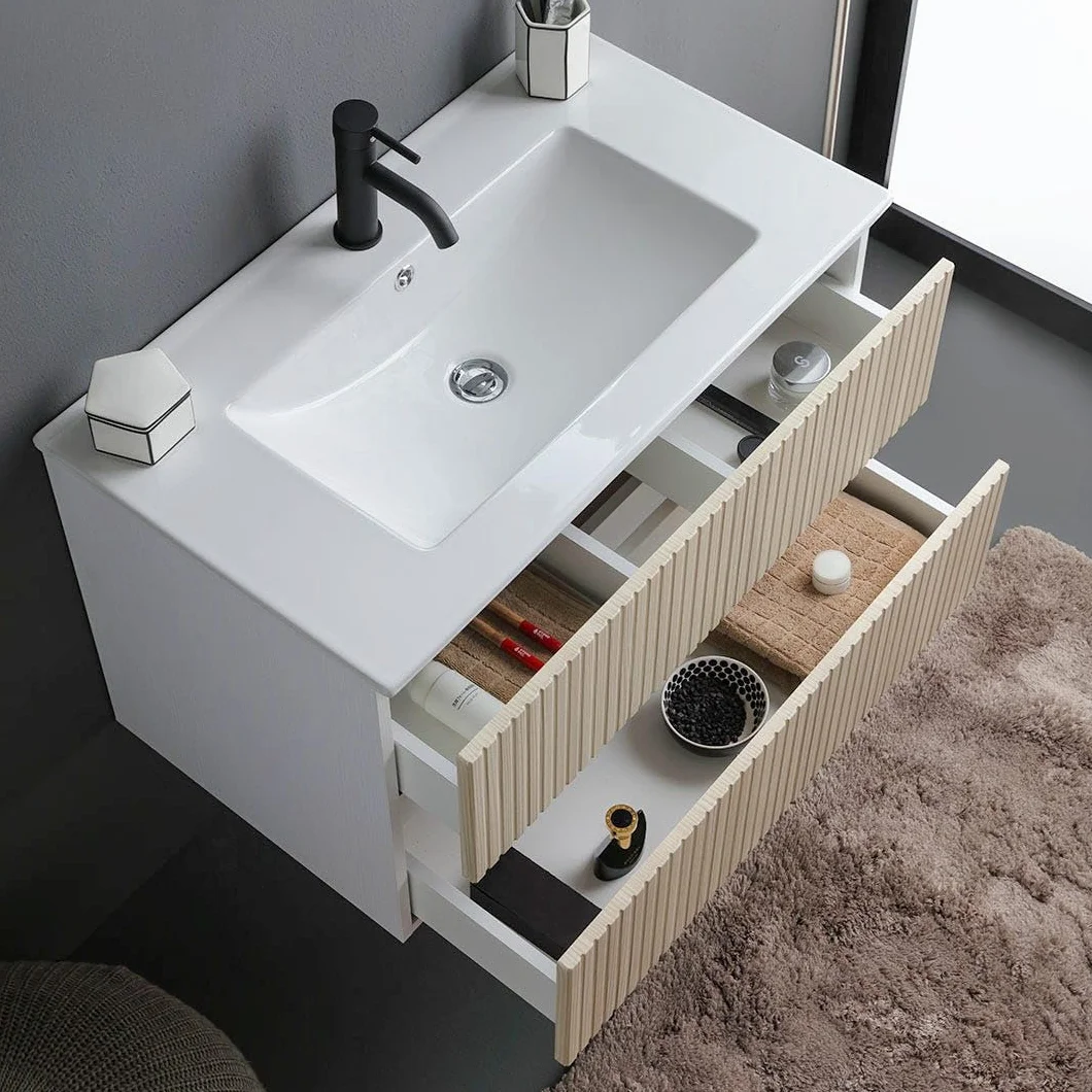 Kiamami Valentina - Mobile sospeso 100cm bianco con cassetti rovere cannettato e lavabo in ceramica | Bilbao