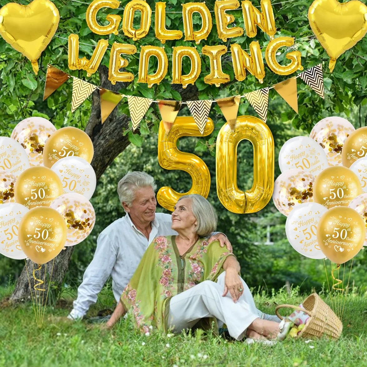 Decorazioni Matrimonio Oro, Decorazioni Anniversario Matrimonio 50 anni Palloncini Happy 50th Anniversary Palloncini Oro Striscioni 50 Golden Wedding Cake Topper