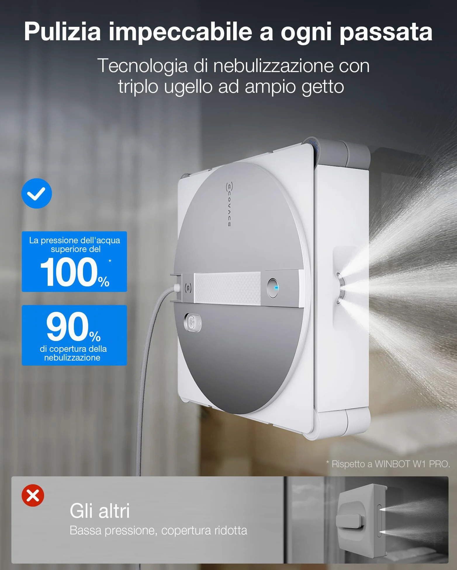 ECOVACS WINBOT W3 OMNI Robot Lavavetri con Stazione Multifunzione, Lavaggio Automatico del Panno, Pulizia Intelligente fino al Bordo, Nebulizzazione a Triplo Ugello, Controllo tramite App