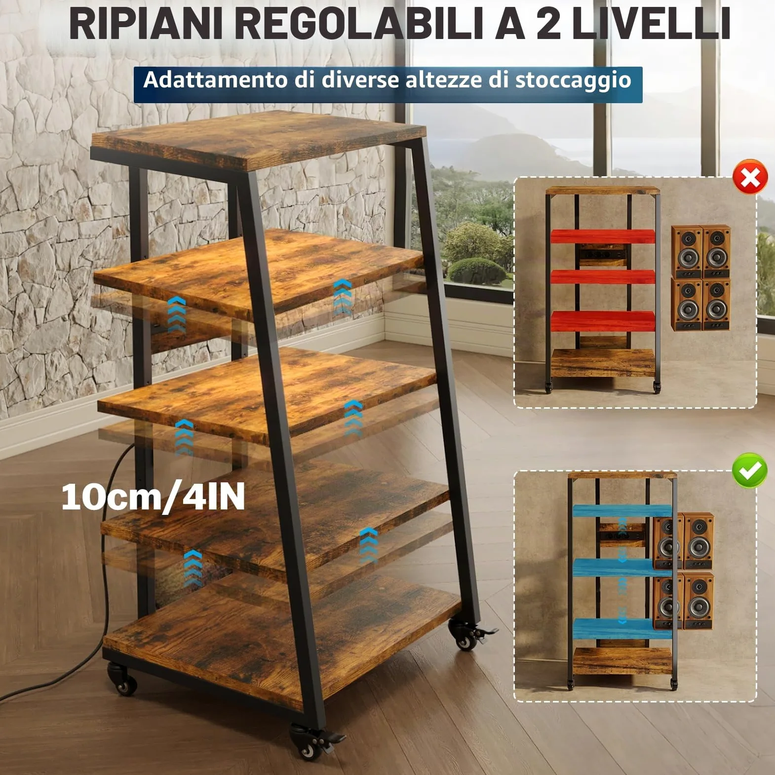 HiFi Rack a 5 livelli con ruote, giradischi, tavolo con ciabattine, luci a LED, ripiano regolabile in legno, supporto multimediale HiFi per impianto audio, impianto stereo, 60 x 52 x 110 cm