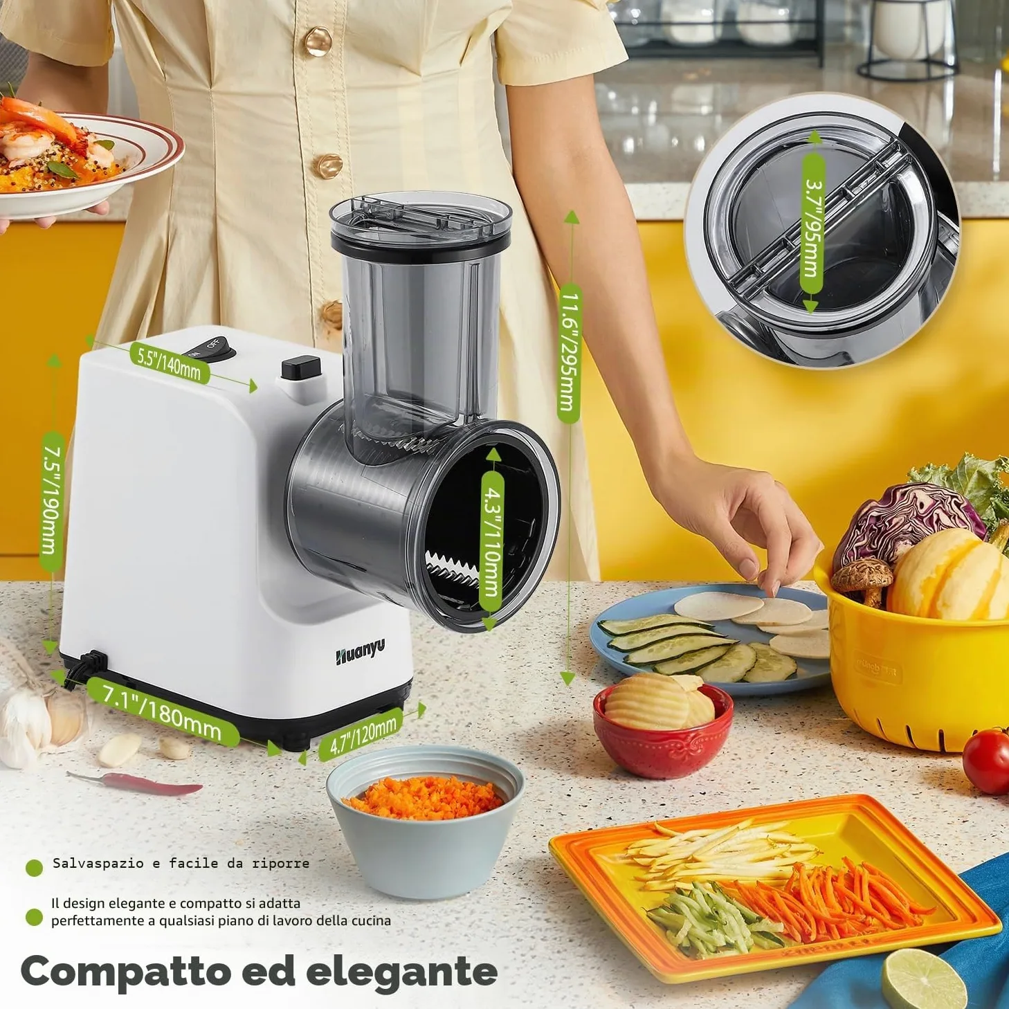 Huanyu Grattugia elettrica per formaggio Affettaverdure elettrico multifunzionale con 5 lame 250W Insalatiera elettrica e tritacarne Grattugia elettrica per frutta, verdura e formaggio (bianco)