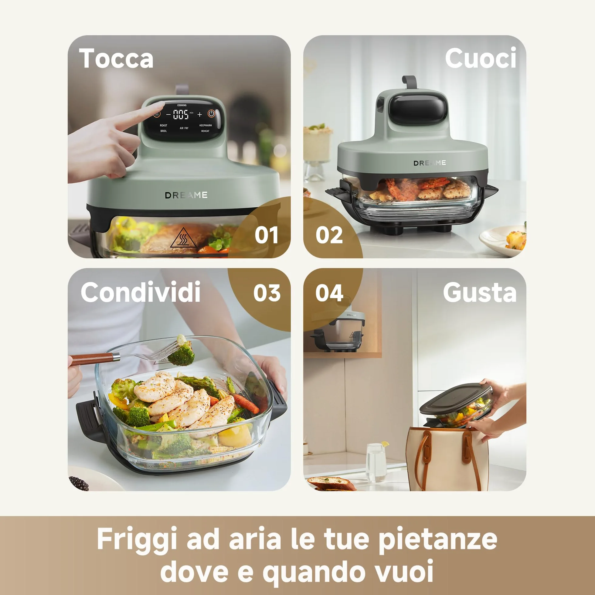 DREAME Tasti 5 in 1 Friggitrice ad aria in vetro portatile, Doppio contenitore (2,5 L + 4,5 L), Vetro borosilicato 6 mm, Circolaz. aria 3D, Lavabile in lavastoviglie, Panoramica 360°, Design modulare