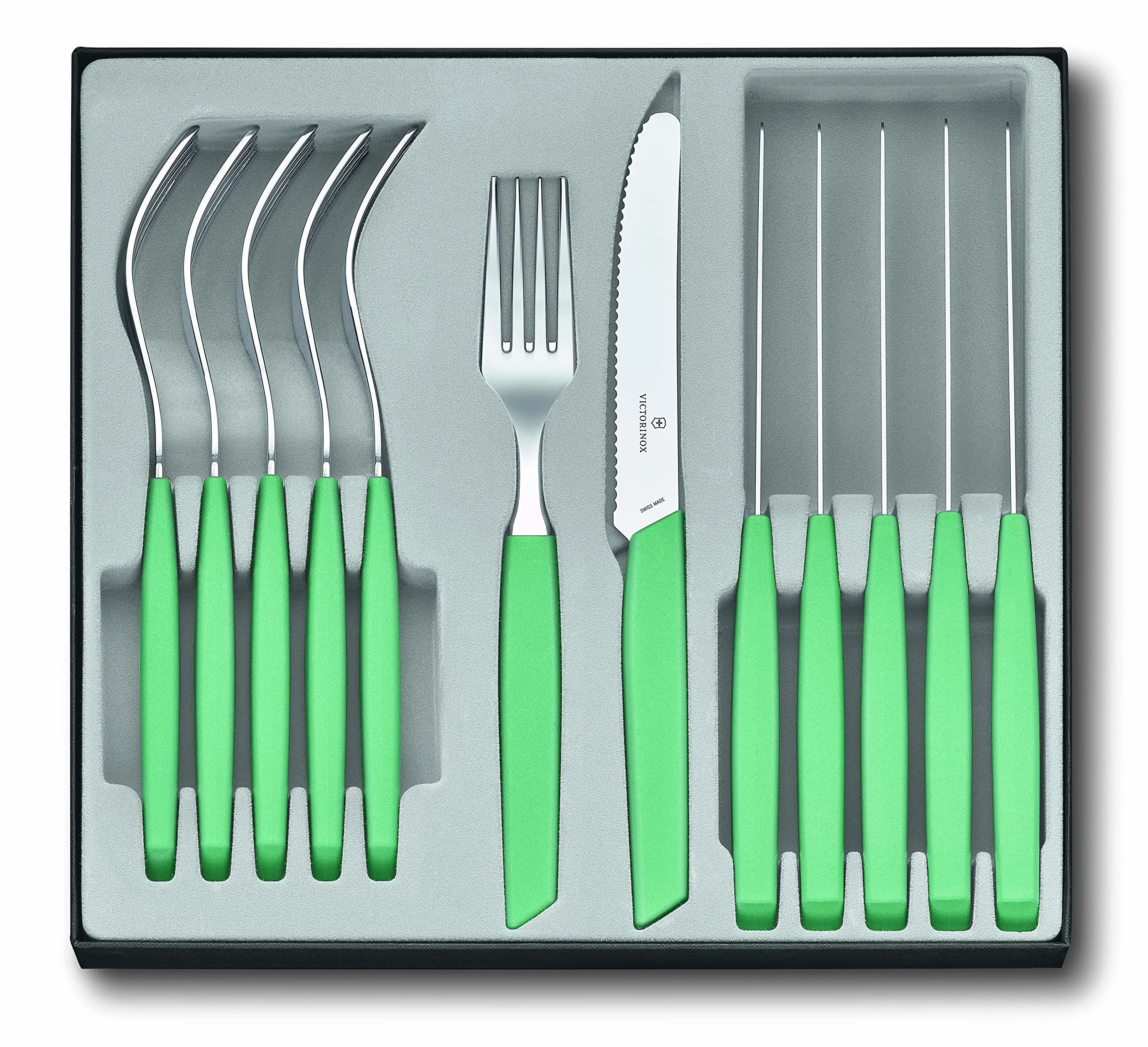 Victorinox Modern Set di posate per 6 persone, 12 pezzi, incl. coltelli affilati e seghettati, manici in plastica, verde menta