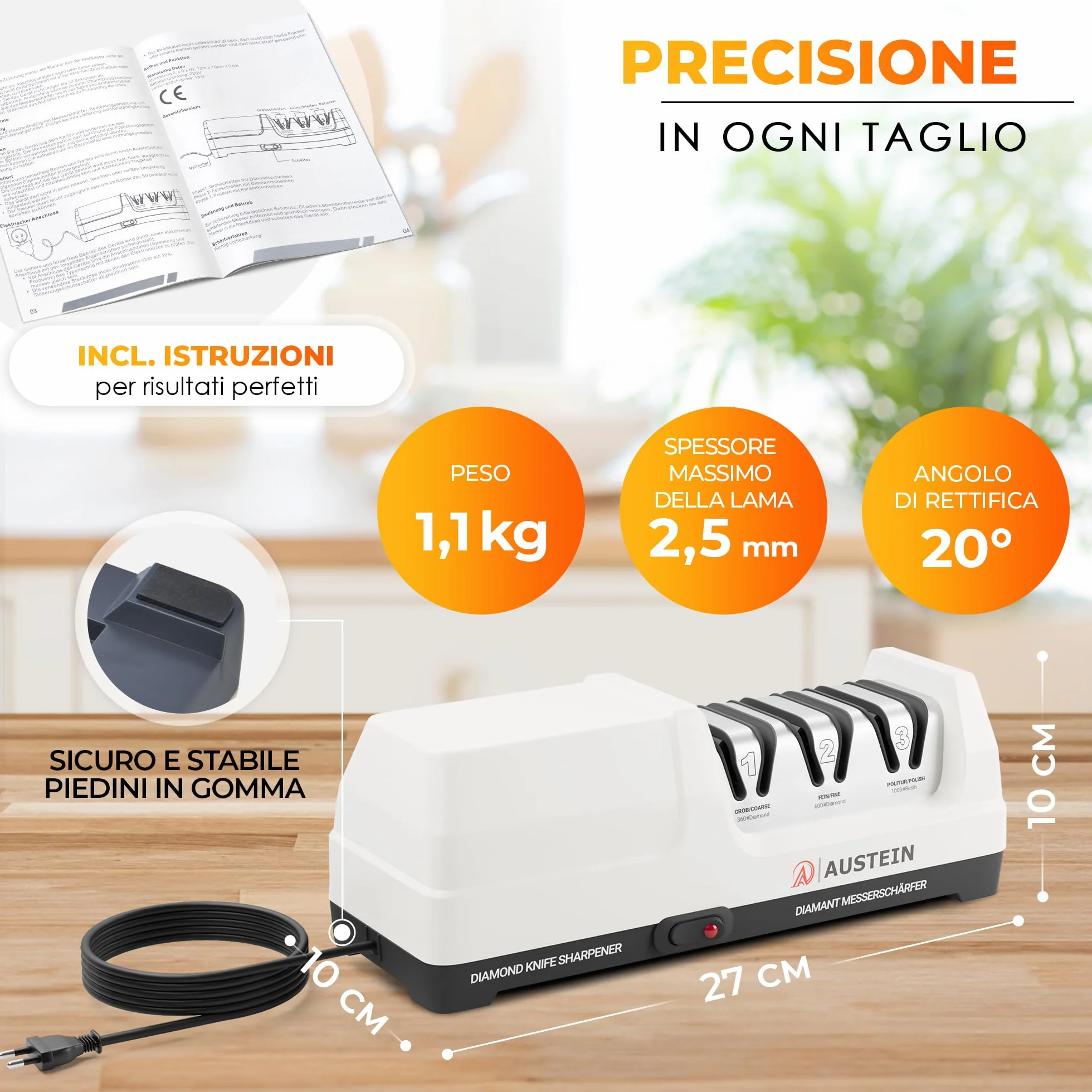 AUSTEIN Affilacoltelli Elettrico Professionale TG2202 Diamante Mole Monocristalline Motore Silenzioso