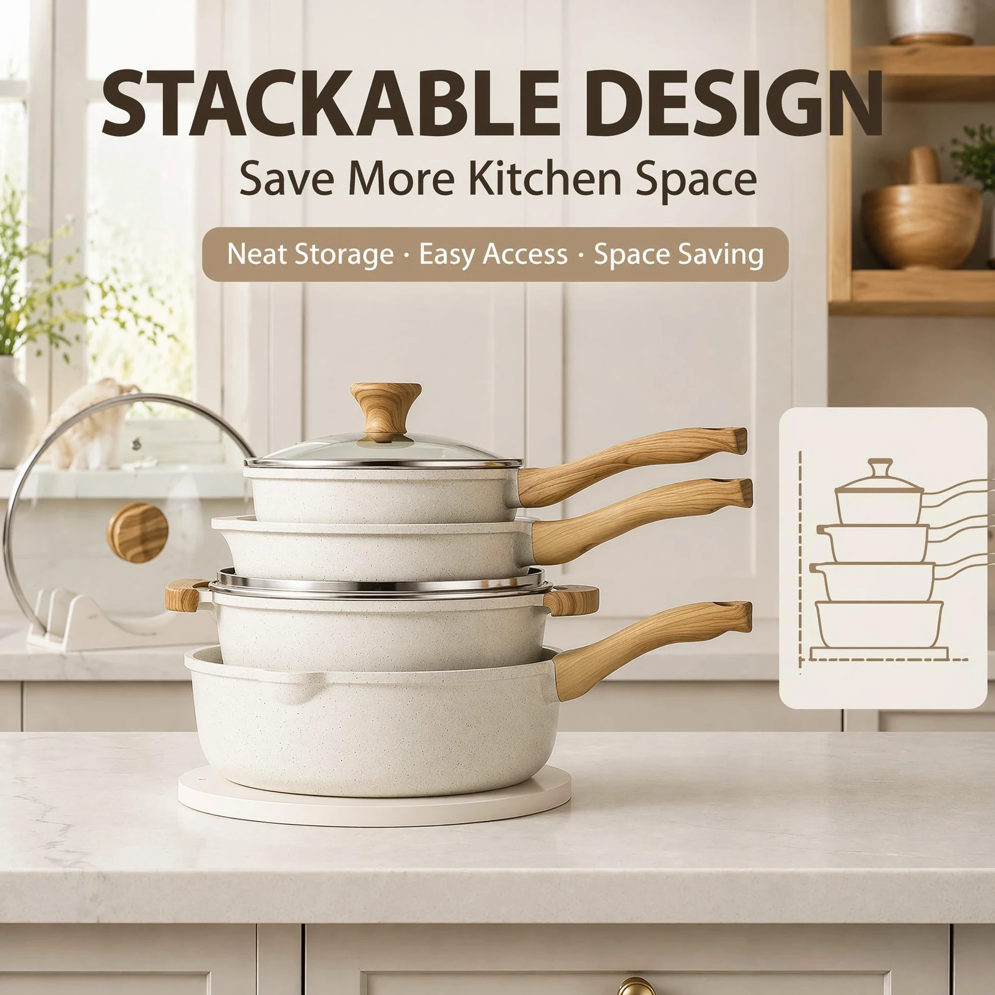 SENSARTE Set di pentole in ceramica antiaderente, set da 13 pezzi di pentole e padelle atossiche, set da cucina salutare con manici che rimangono freschi, strumenti in silicone e protezioni per