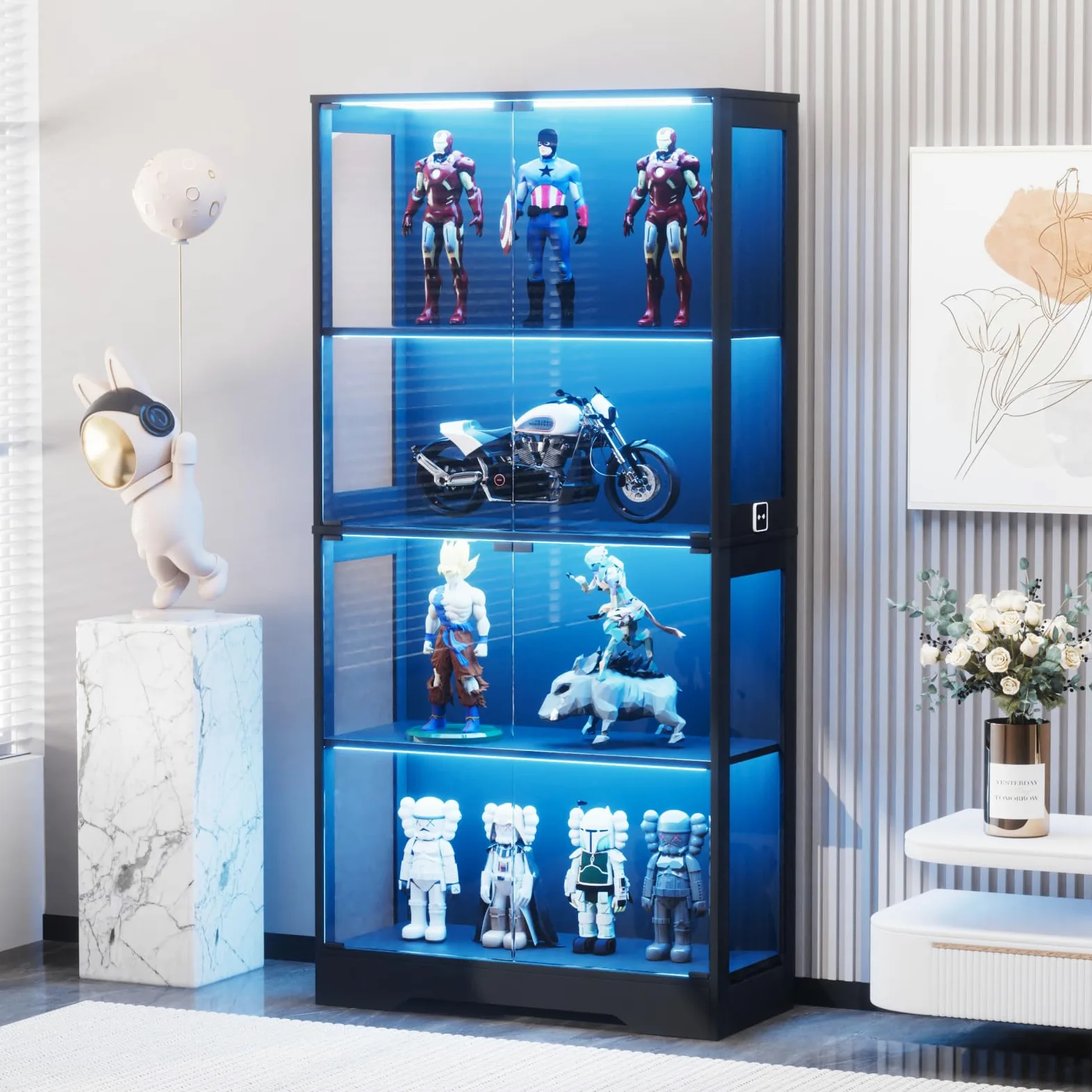 Vetrinetta in vetro con illuminazione LED e sensori intelligenti, vetrina a 4 livelli per collezioni, per soggiorno, camera da letto e ufficio, nero, 80 x 35 x 165 cm