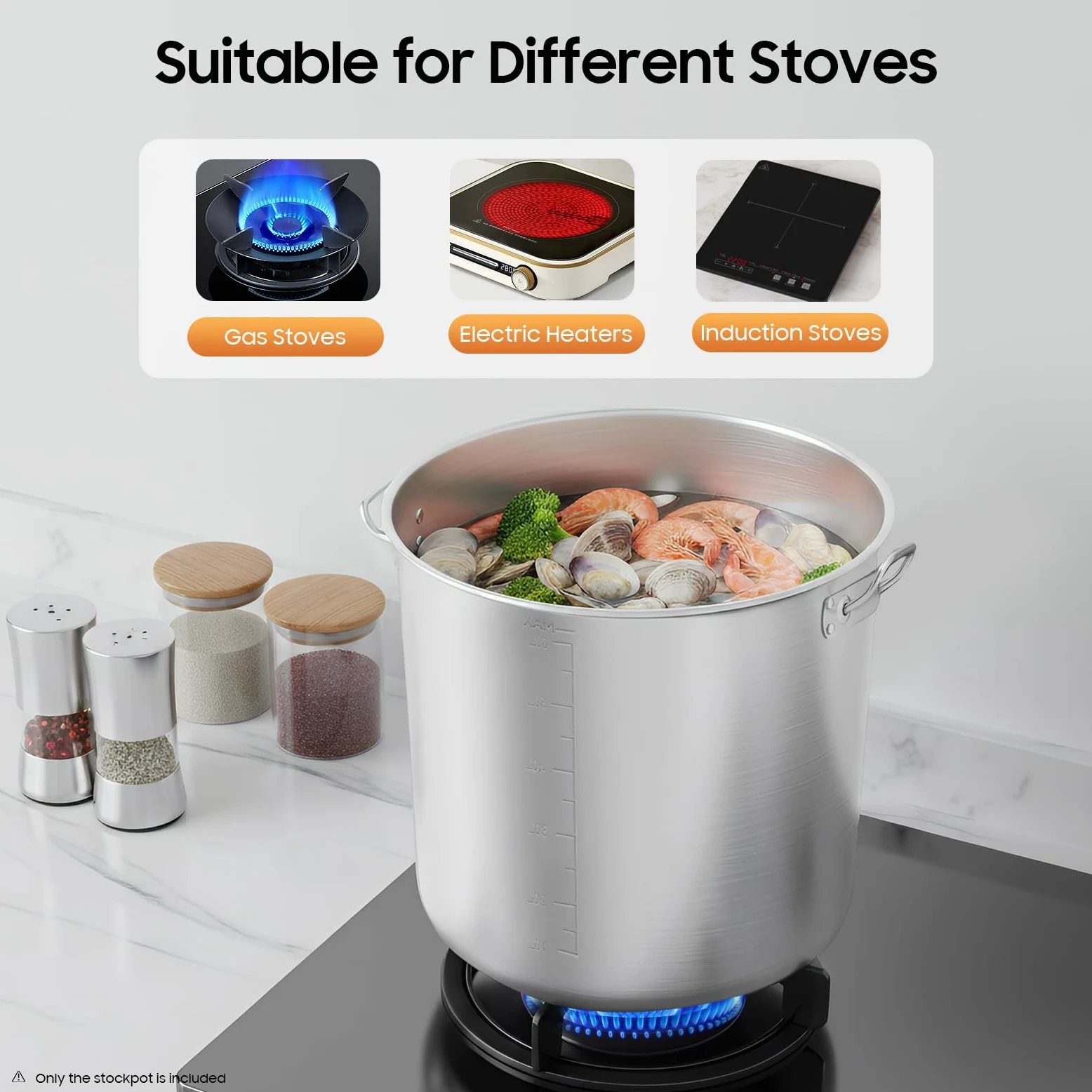 Pentola da cucina in acciaio inox, 70 l, grande capacità, con manici, per feste e gastronomia, 46,5 x 45 cm, in acciaio inox per fornelli a gas, fornelli elettrici, fornelli a induzione
