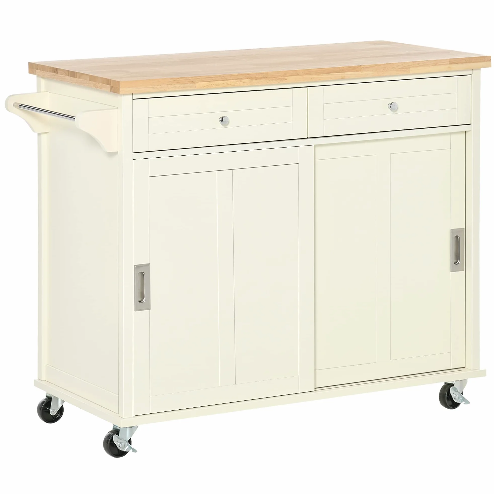 HOMCOM Isola per Cucina in Legno e MDF con Cassetti, Armadietto e Portasciugamani, Carrello da Cucina a 4 Ruote per Utensili, 110x49.5x89.5 cm, Bianco