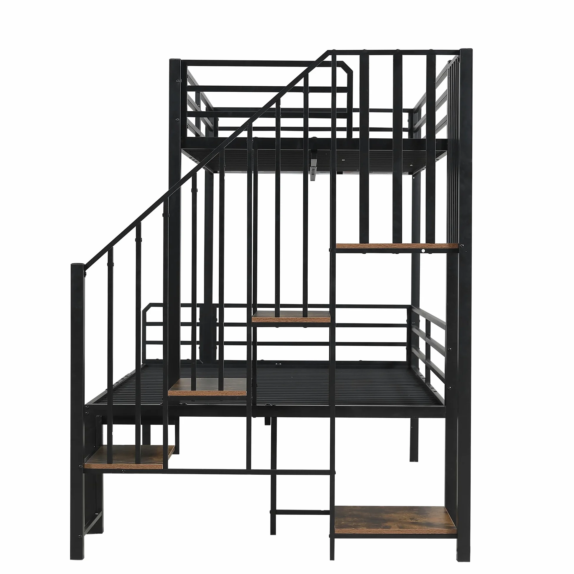 Idemon Letto in ferro a castello, cabina angolare, vano portaoggetti, MDF, nero+legno vintage, 90x200 cm e 120x200 cm