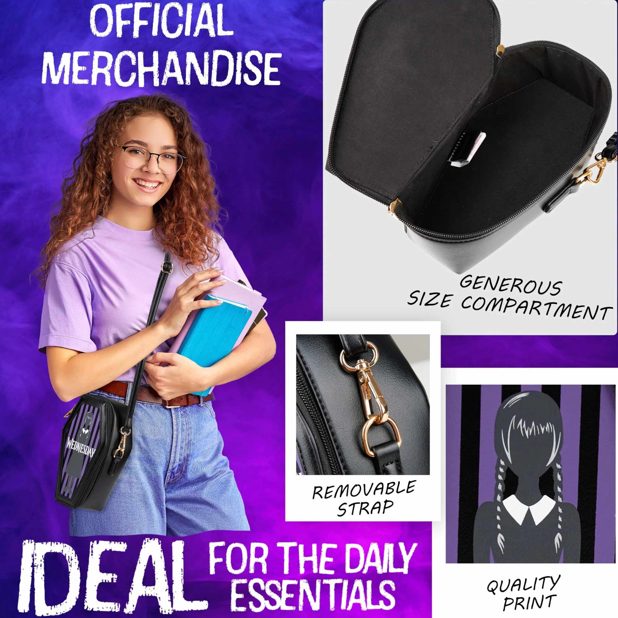 Wednesday Borsa Bambina Adolescenti Borsetta Tracolla Ragazza con Cinturino Rimovibile Viaggi Shopping Gotico Idee Regalo