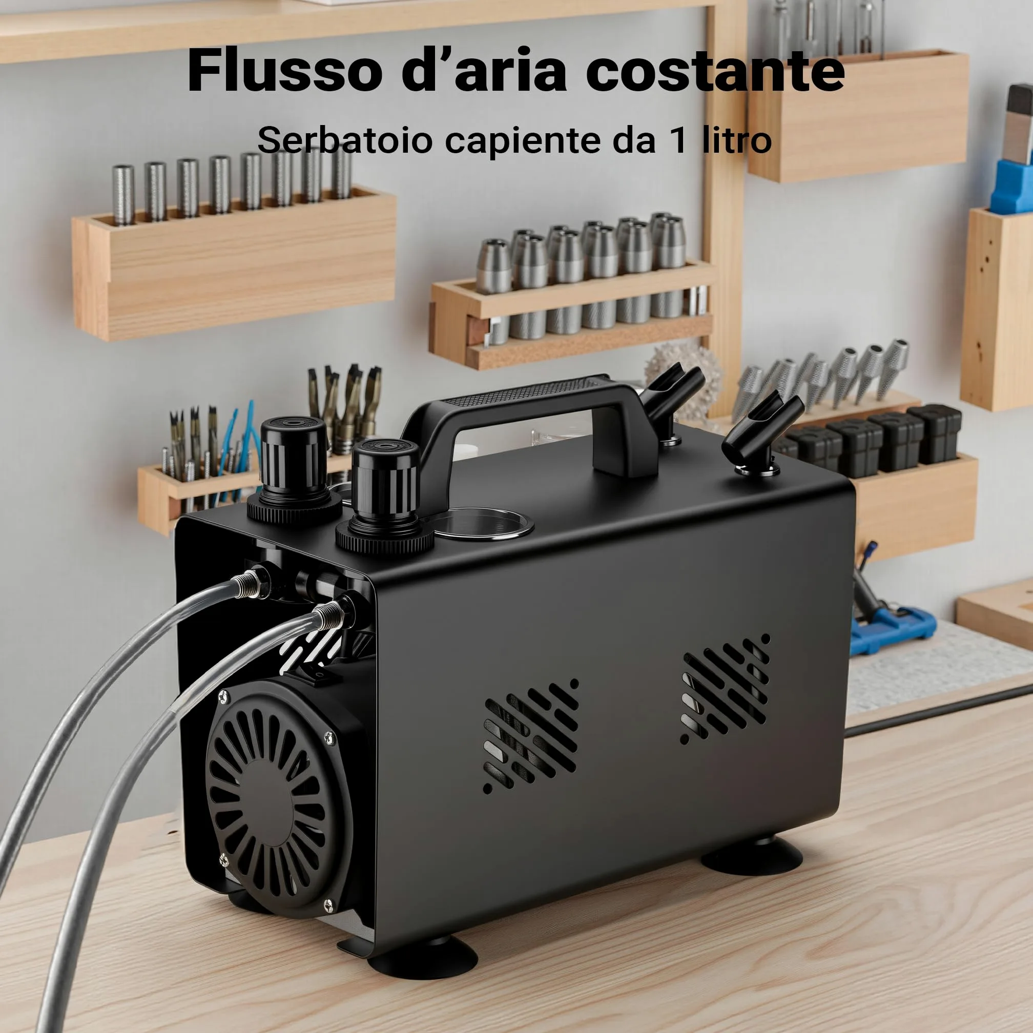 Wiltec Compressore aerografo AS18TA 1/6 CV, compressore ad aria con portata d'aria compressa 20-23 l/min, 2 attacchi per pistola aerografo, manometro, per modellismo, decorazione unghie