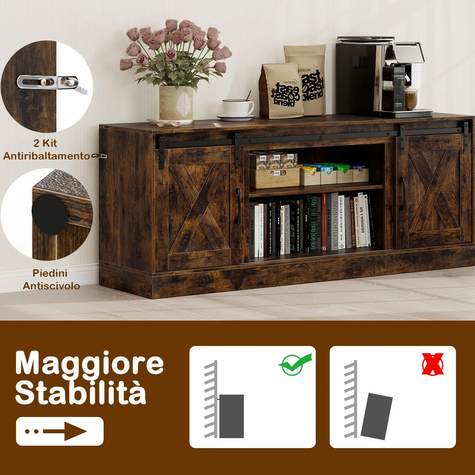 COSTWAY Mobile TV Soggiorno fino a 70'', Tavolino Porta TV con Porte Scorrevoli, Ripiani Regolabili, Consolle Media 150 cm per Soggiorno, Camera da Letto e Ingresso